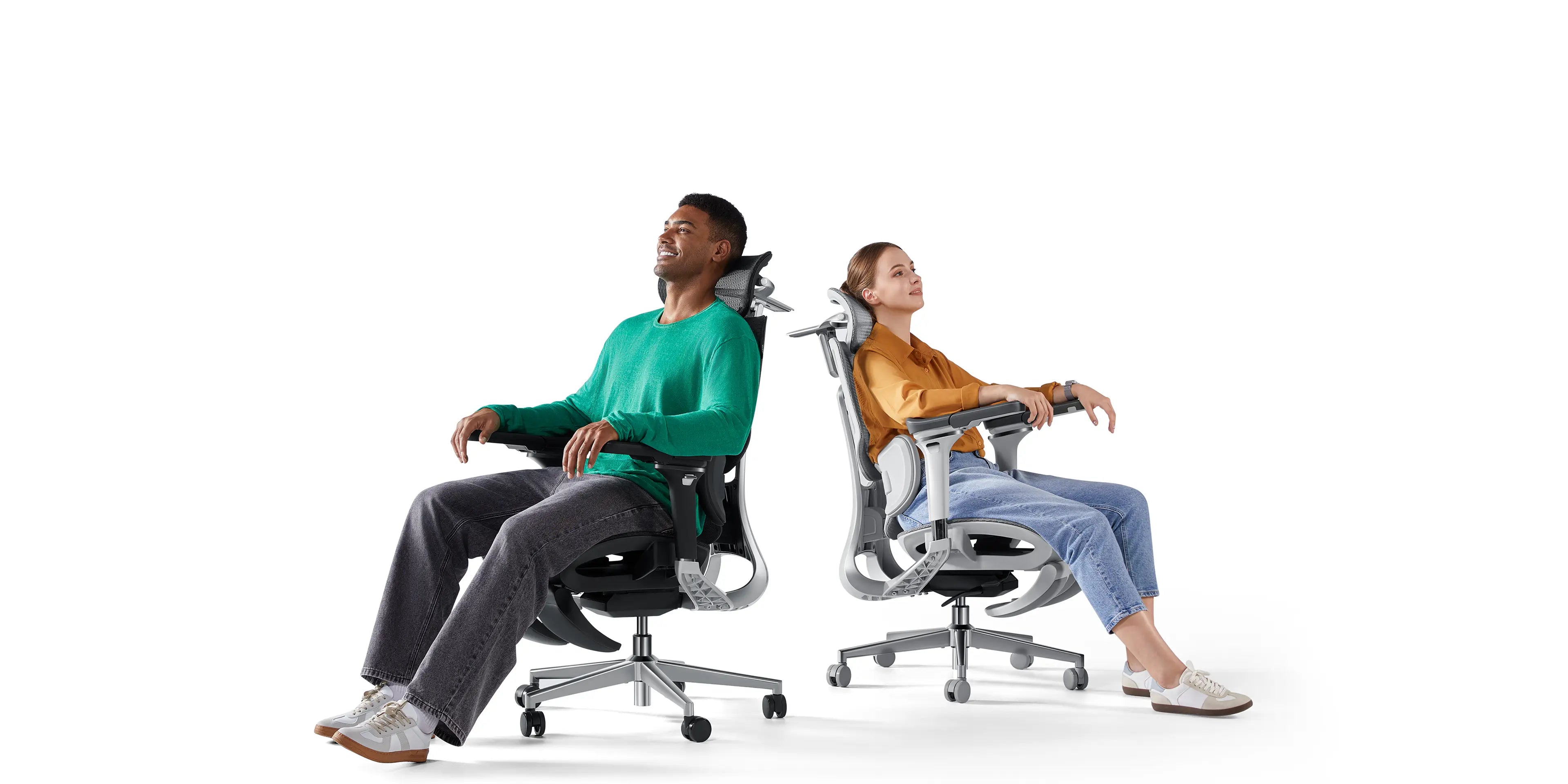 A high-end white ergonomic office chair designed for maximum comfort and support.