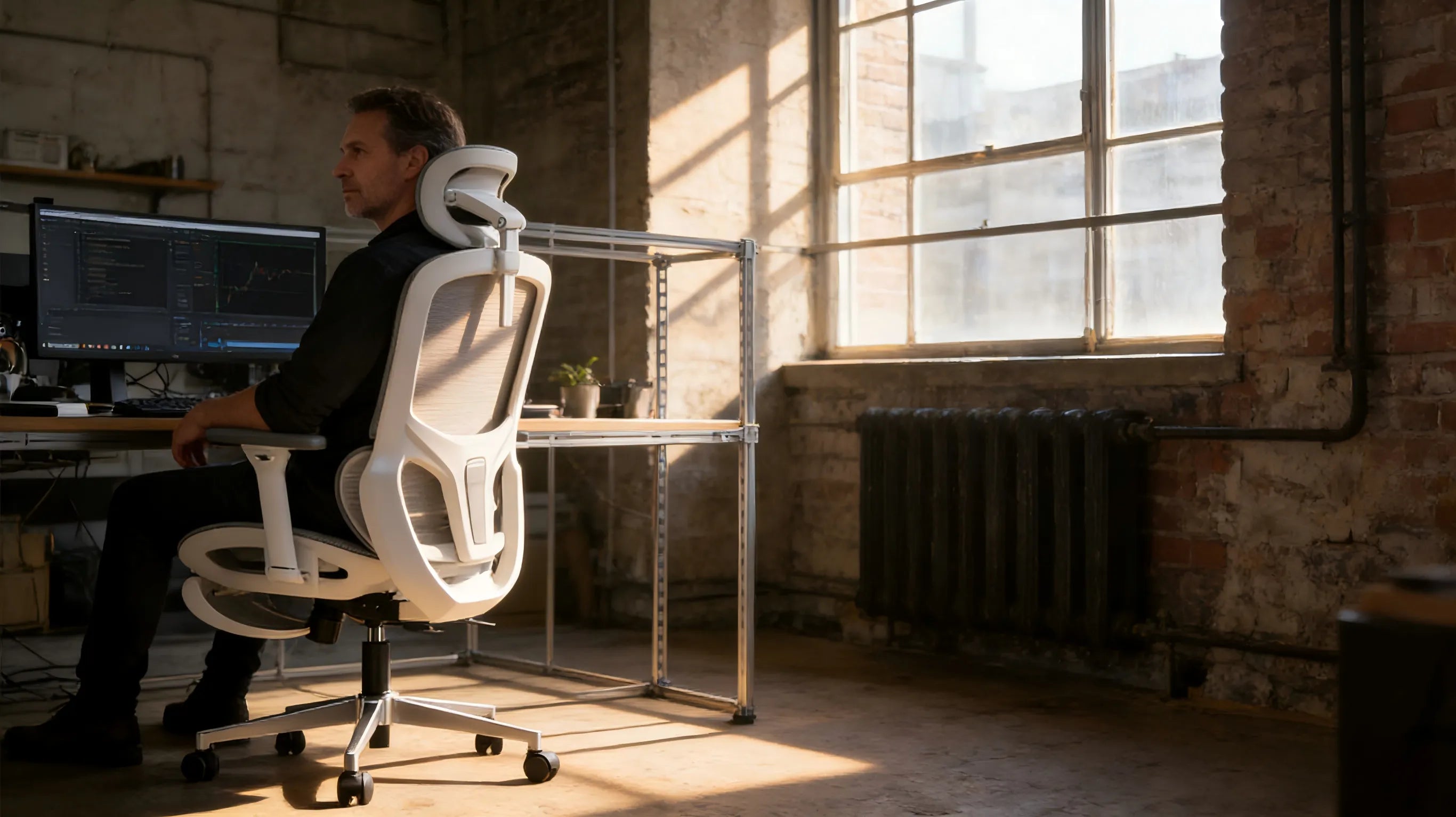 A professional office desk chair ergonomic with a white frame and grey mesh in an industrial-style Berlin loft.