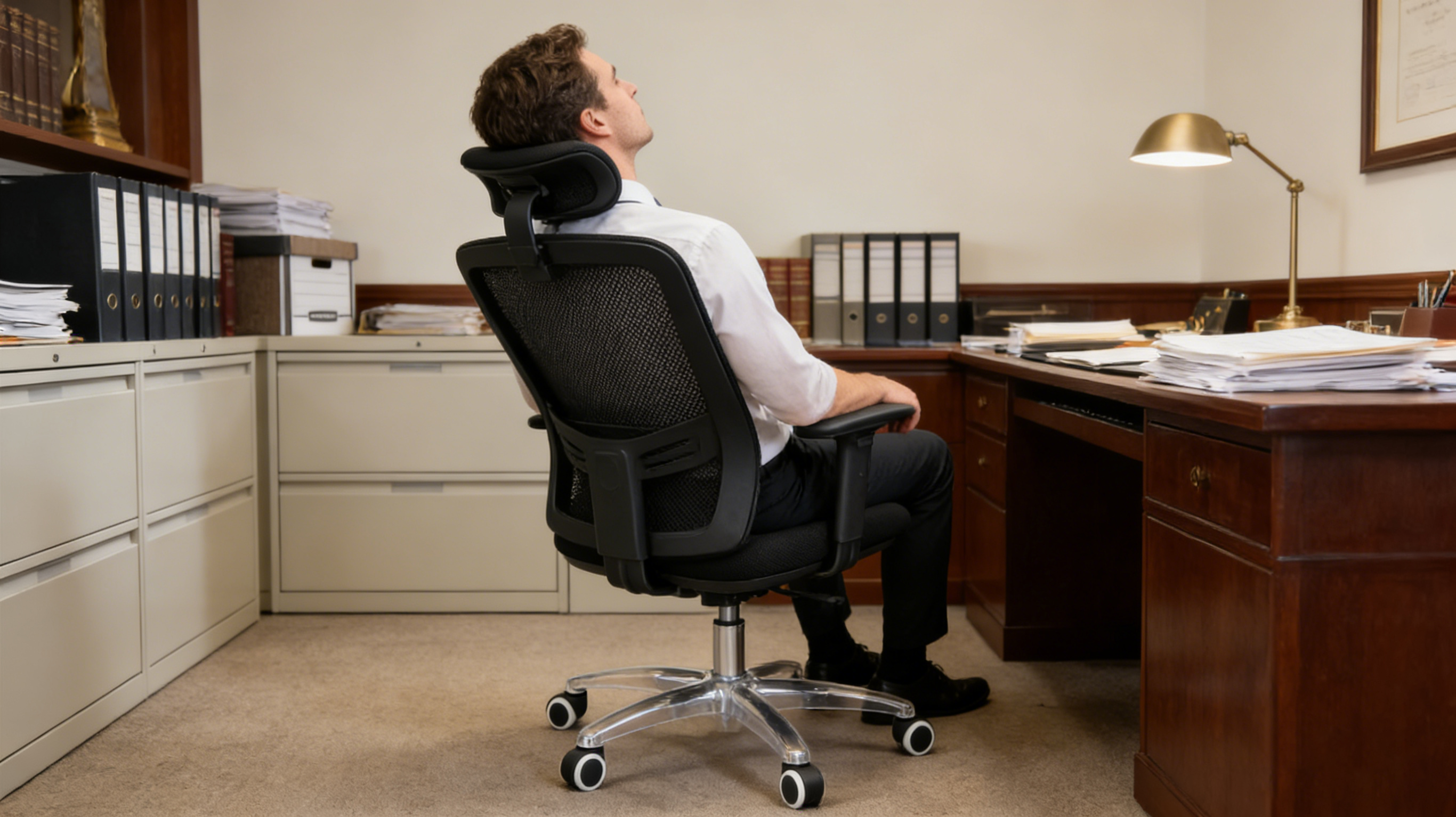 135-degree restorative tilt lock on a high-back ergonomic officechair
