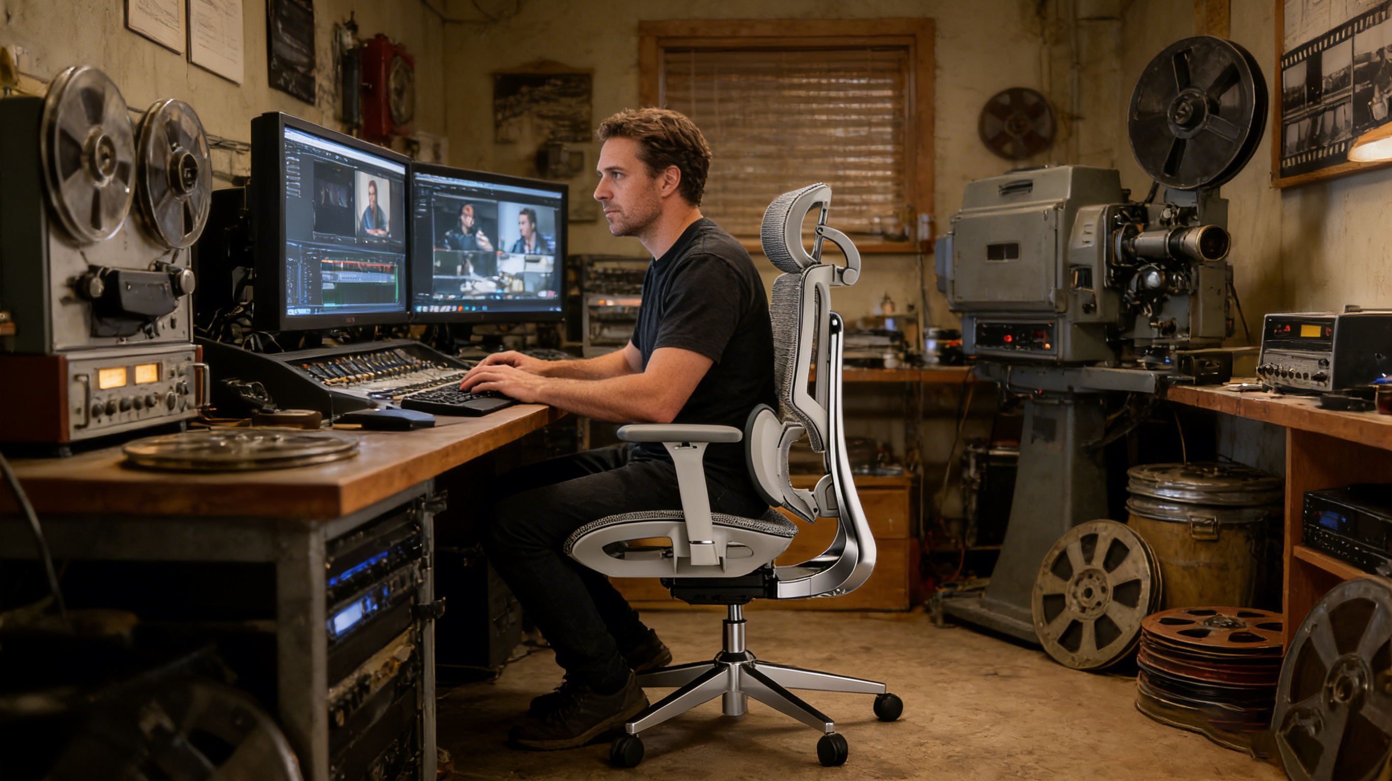 A professional video editor in a Toronto darkroom using a black chair ergonomic office.