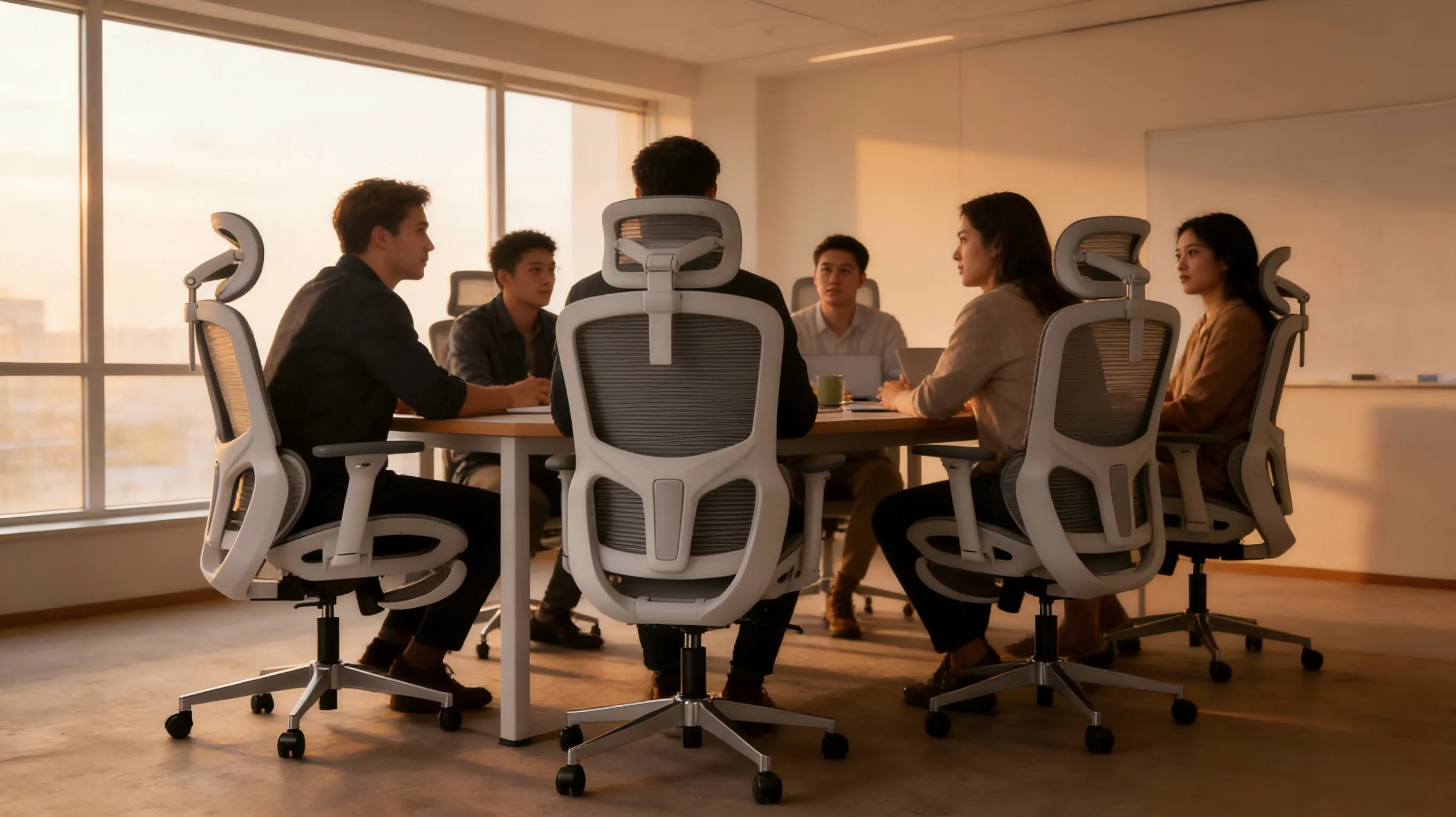 A panoramic view of a modern 2026 tech office featuring rows of white-framed ergo office chairs.