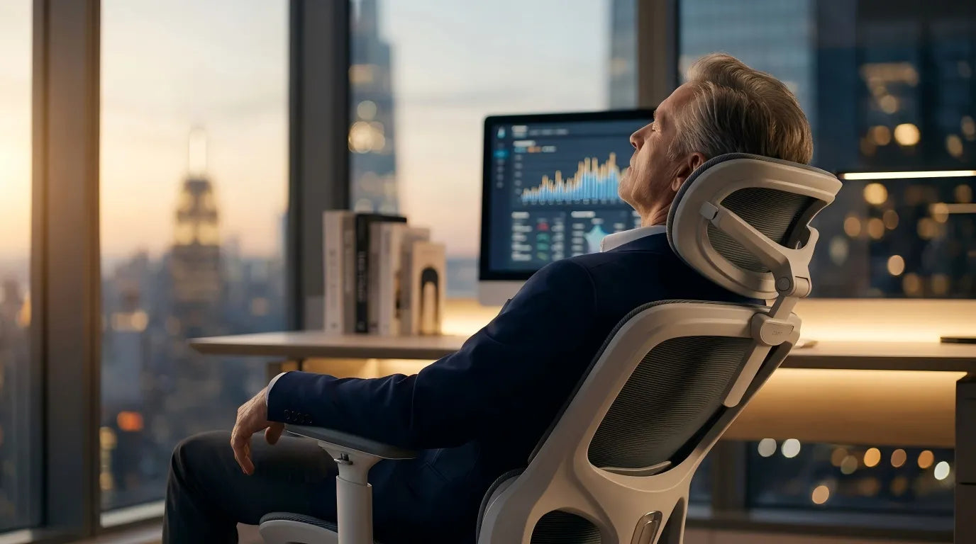 User achieving a 90-degree elbow angle using adjustable armrests on a professional ergo office chair.