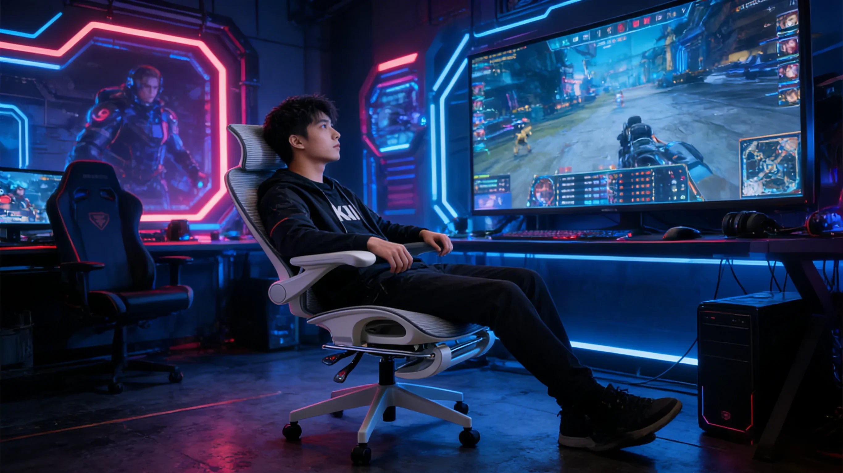 A professional e-sports player in Los Angeles using an office desk chair ergonomic for high-stakes gaming.