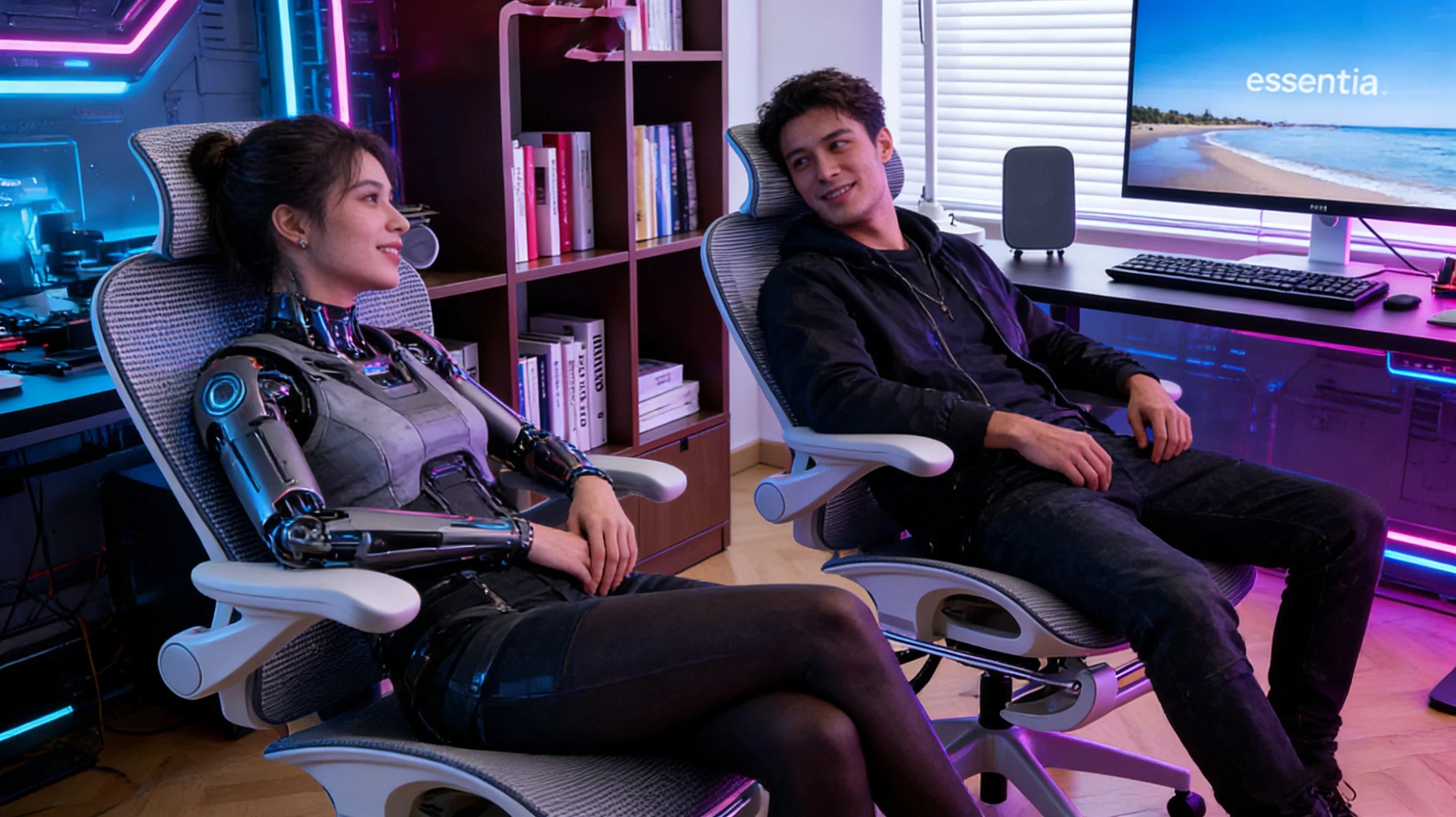 A professional freelancer and his partner collaborating in a neon-lit home studio featuring high-back game gaming chairs.
