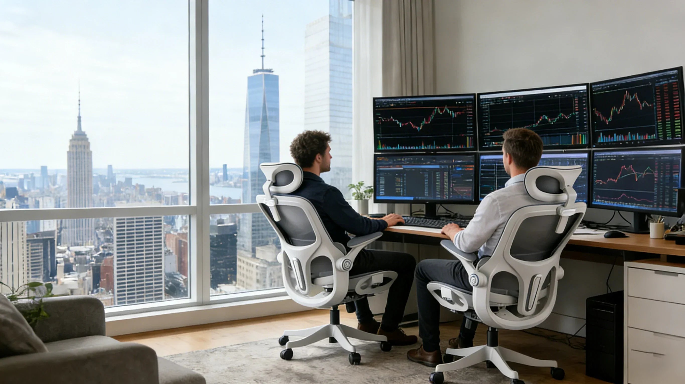 Professional traders analyzing market data while seated in premium ergodynamic office chairs.