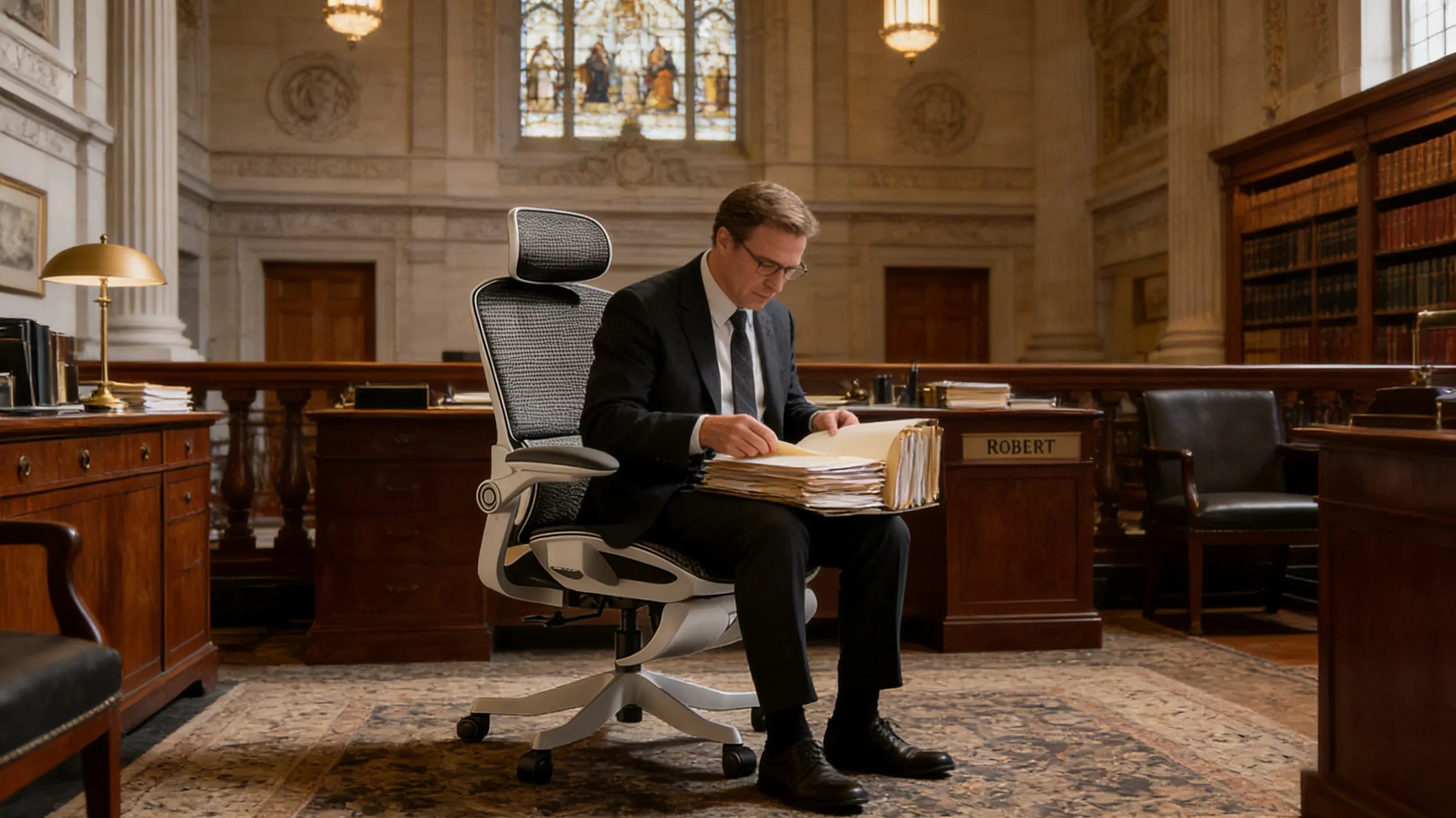 A senior tax attorney in a Boston office using an ergometric office chair for long research sessions.