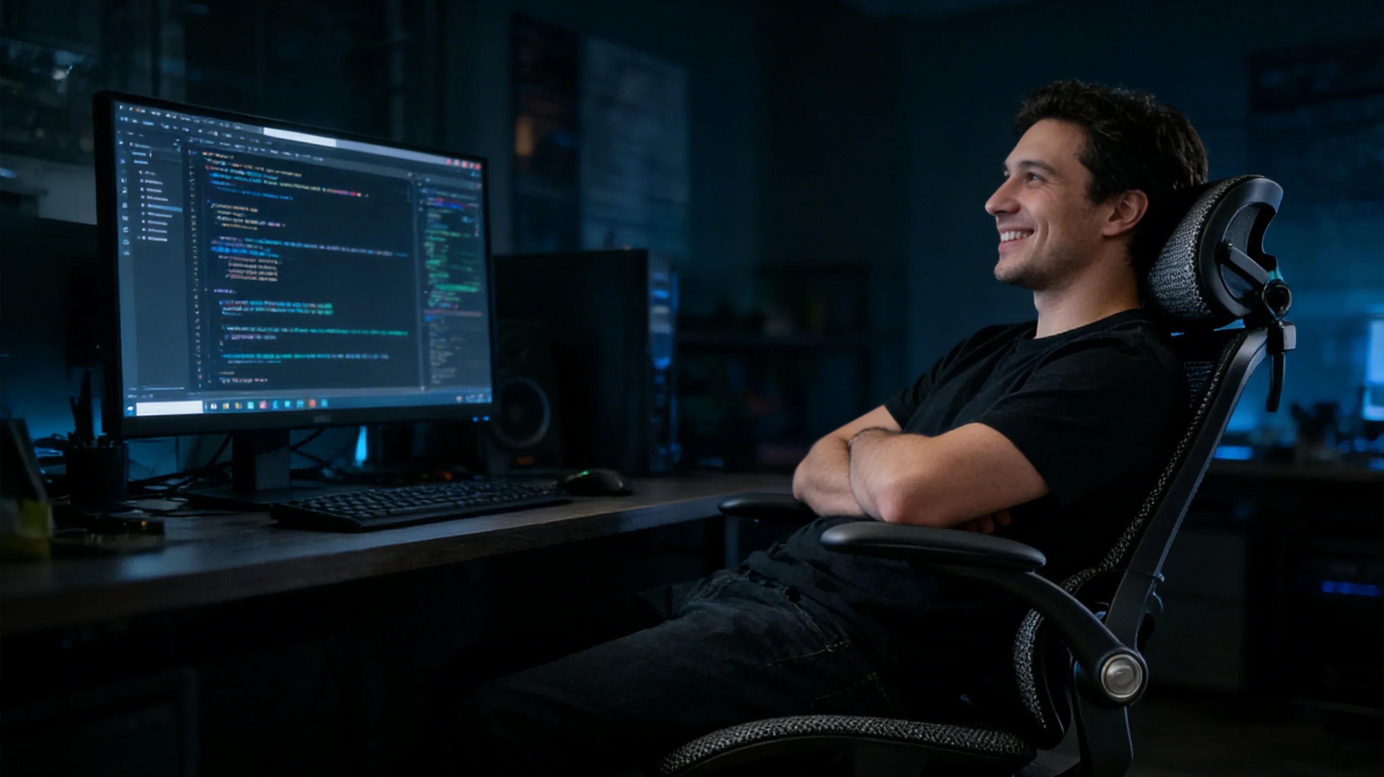 A focused male programmer sitting in a sleek black ergonomic chair in front of a dual-monitor setup with code visible.