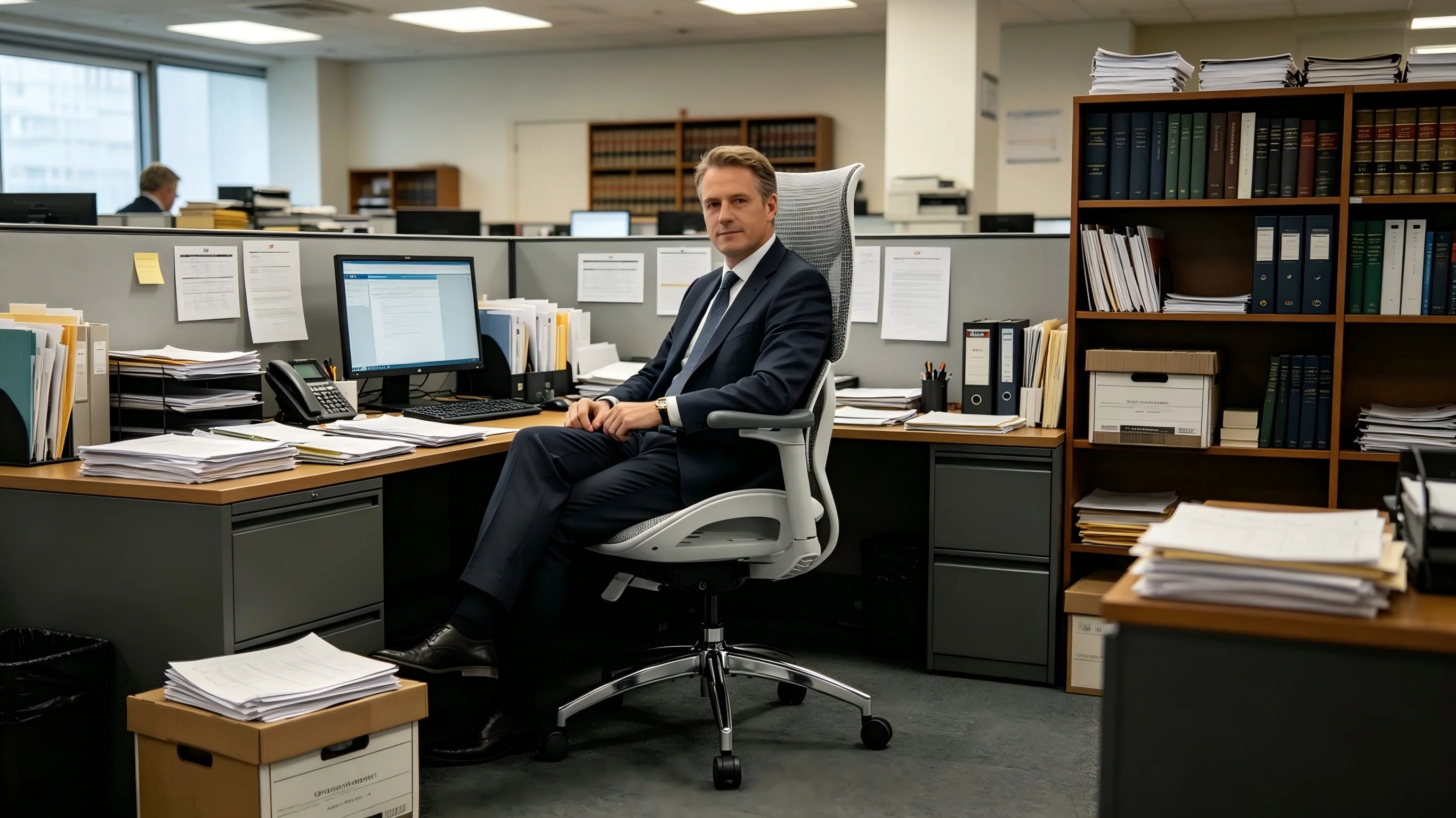 A professional tax consultant utilizing the 3D headrest on the ergonomic office chair for cervical relief.