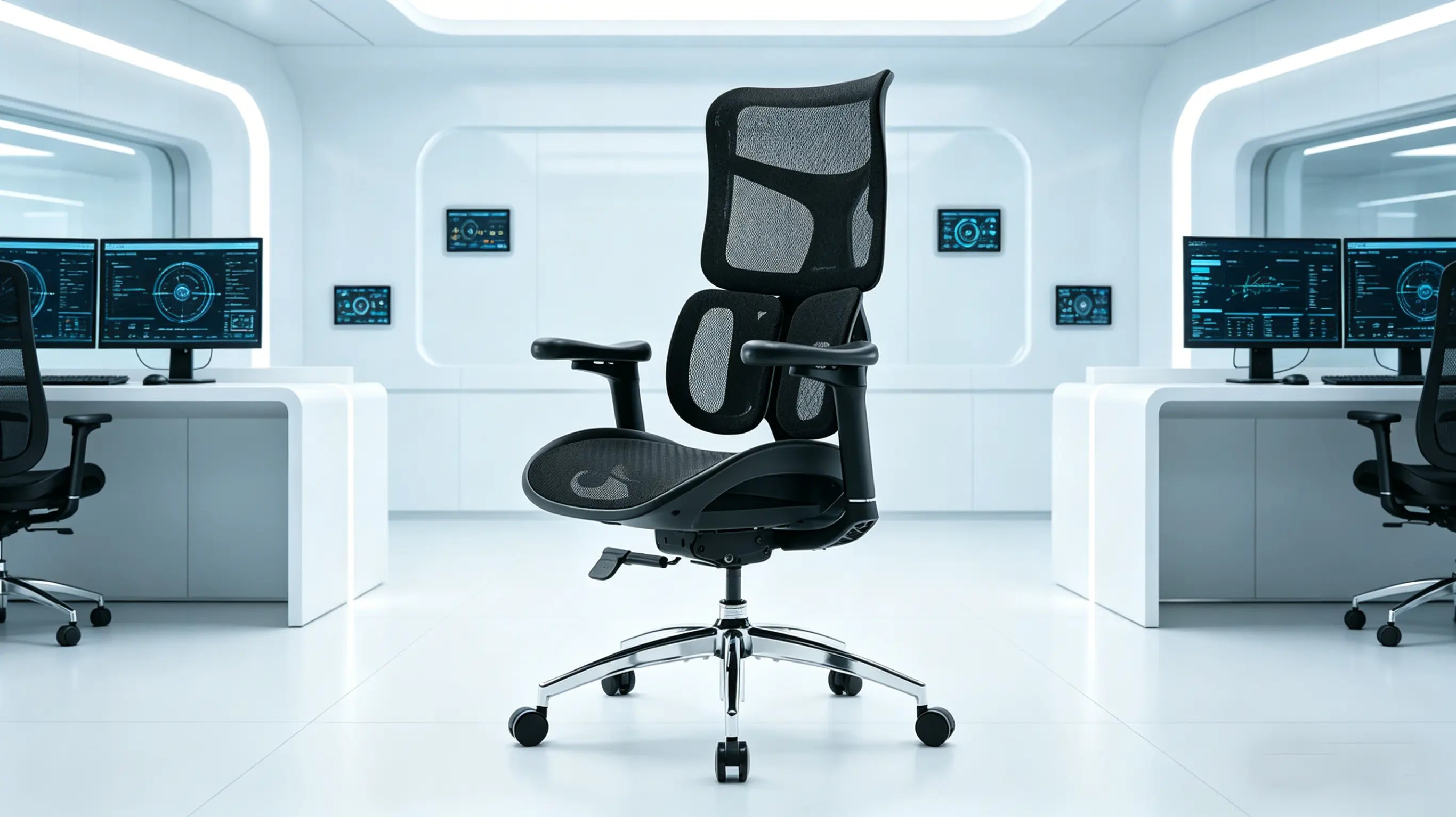 Close-up of the 3D adjustable headrest on the ergonomic desk chair providing cervical support for a security analyst.