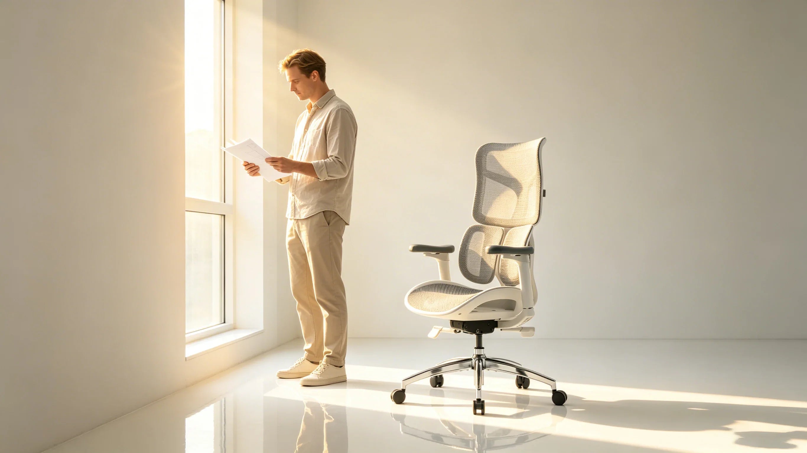 Full body view of Soren standing next to a large architectural model and the [office chair ergonomic], showing his complete minimalist outfit.