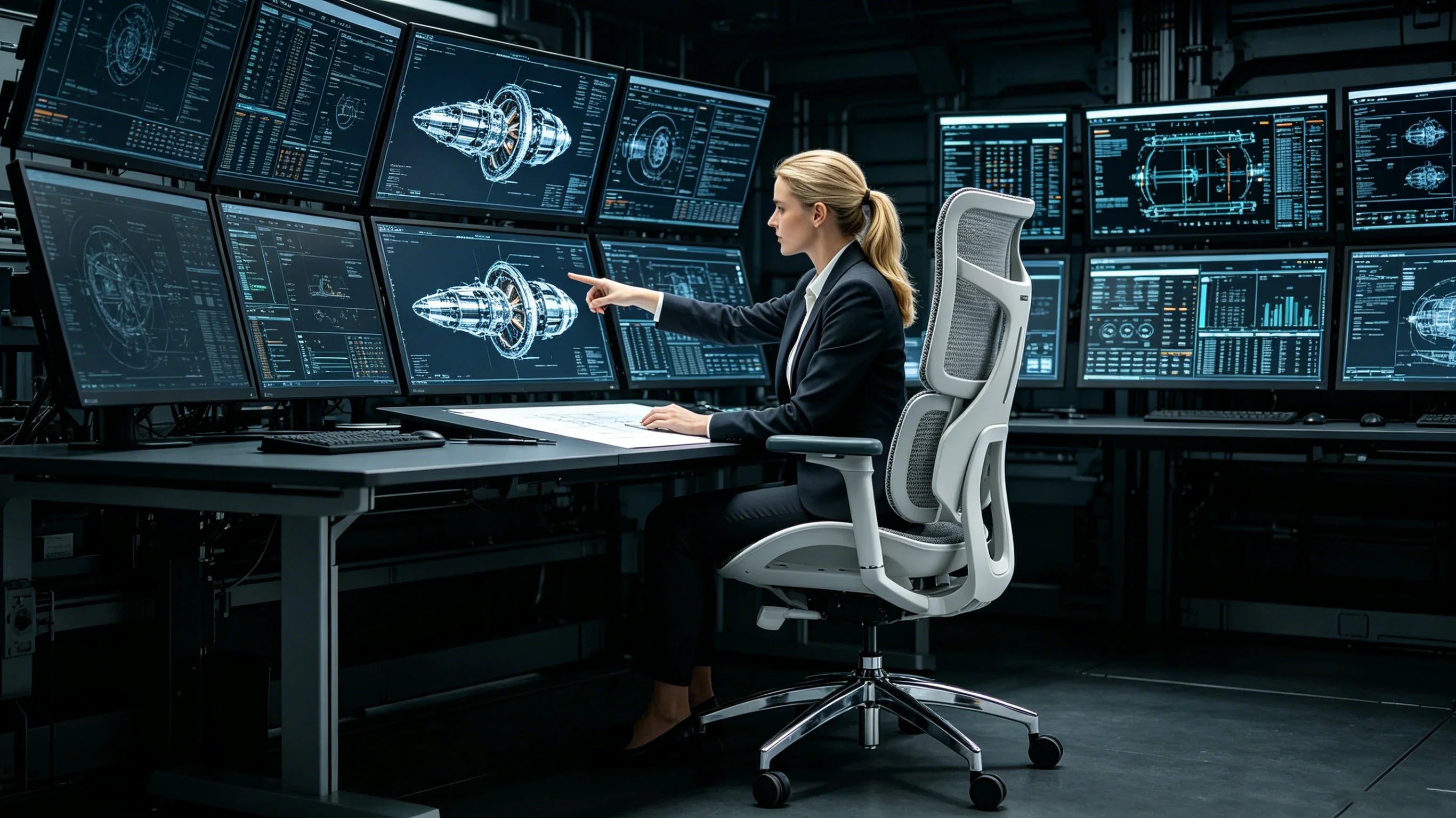 Full body view of Commander Robert Vance standing in a high-tech aerospace design center next to a high-end minimalist ergonomic office chair.