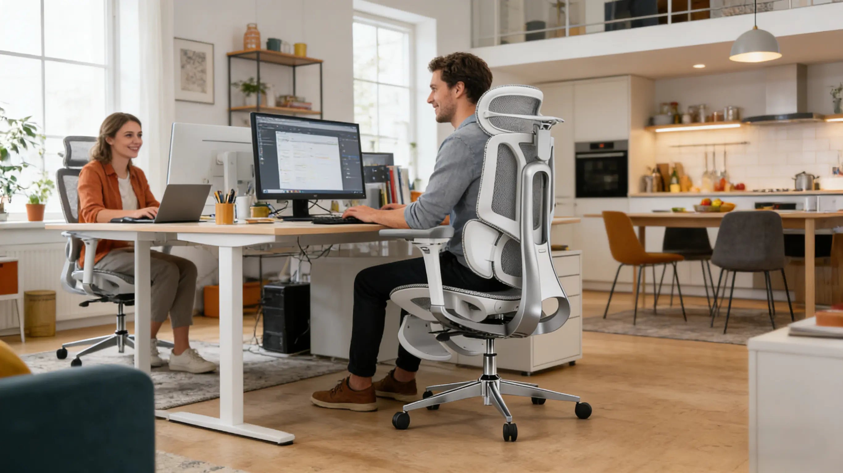 Korrekte Sitzposition auf einem bürostuhl ergonomisch mit Fokus auf den 90-Grad-Winkel.