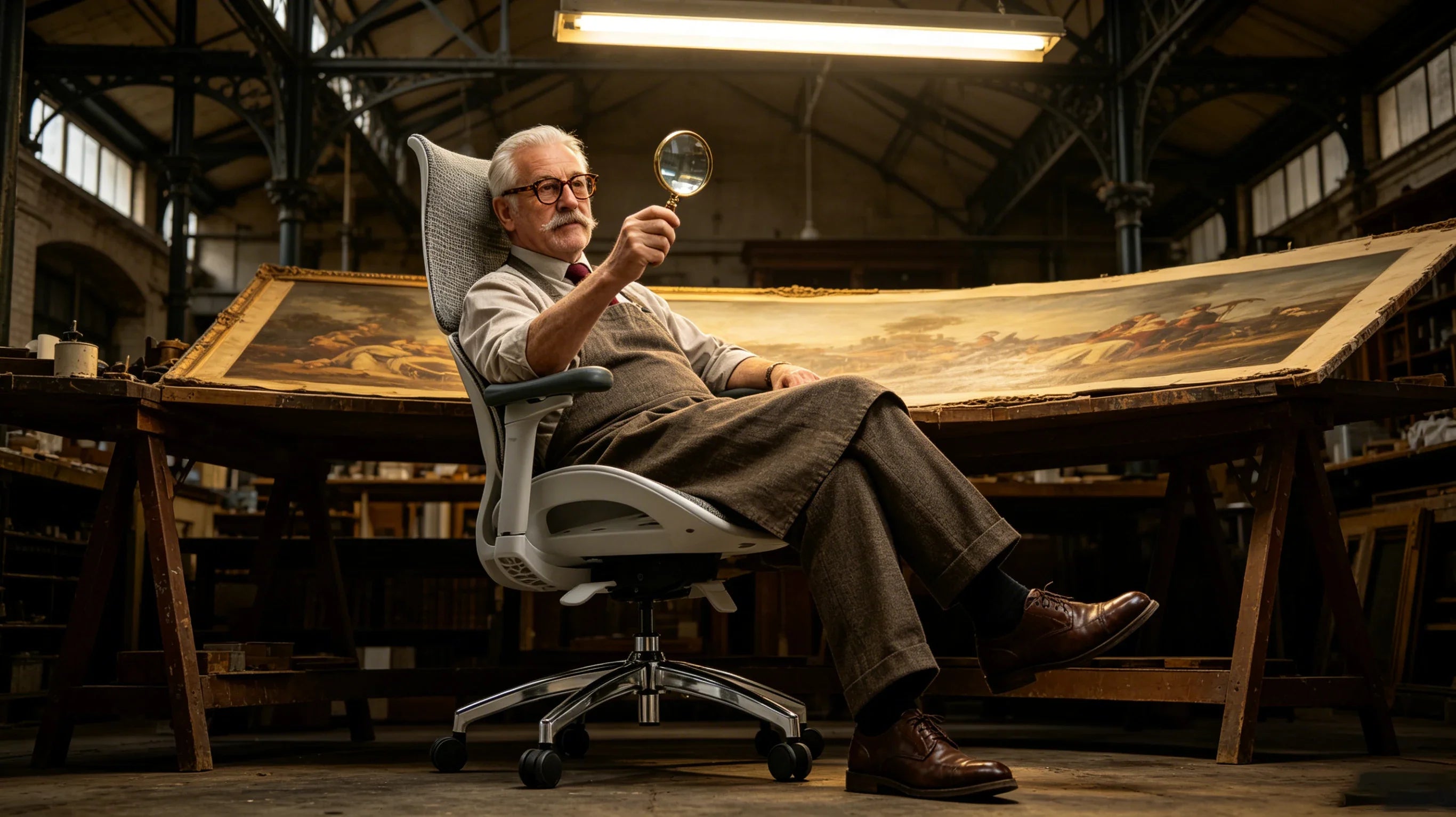 Full body shot of Arthur Pendelton examining an oil canvas layout while utilizing the [best workstation chair] at the antique oak table.