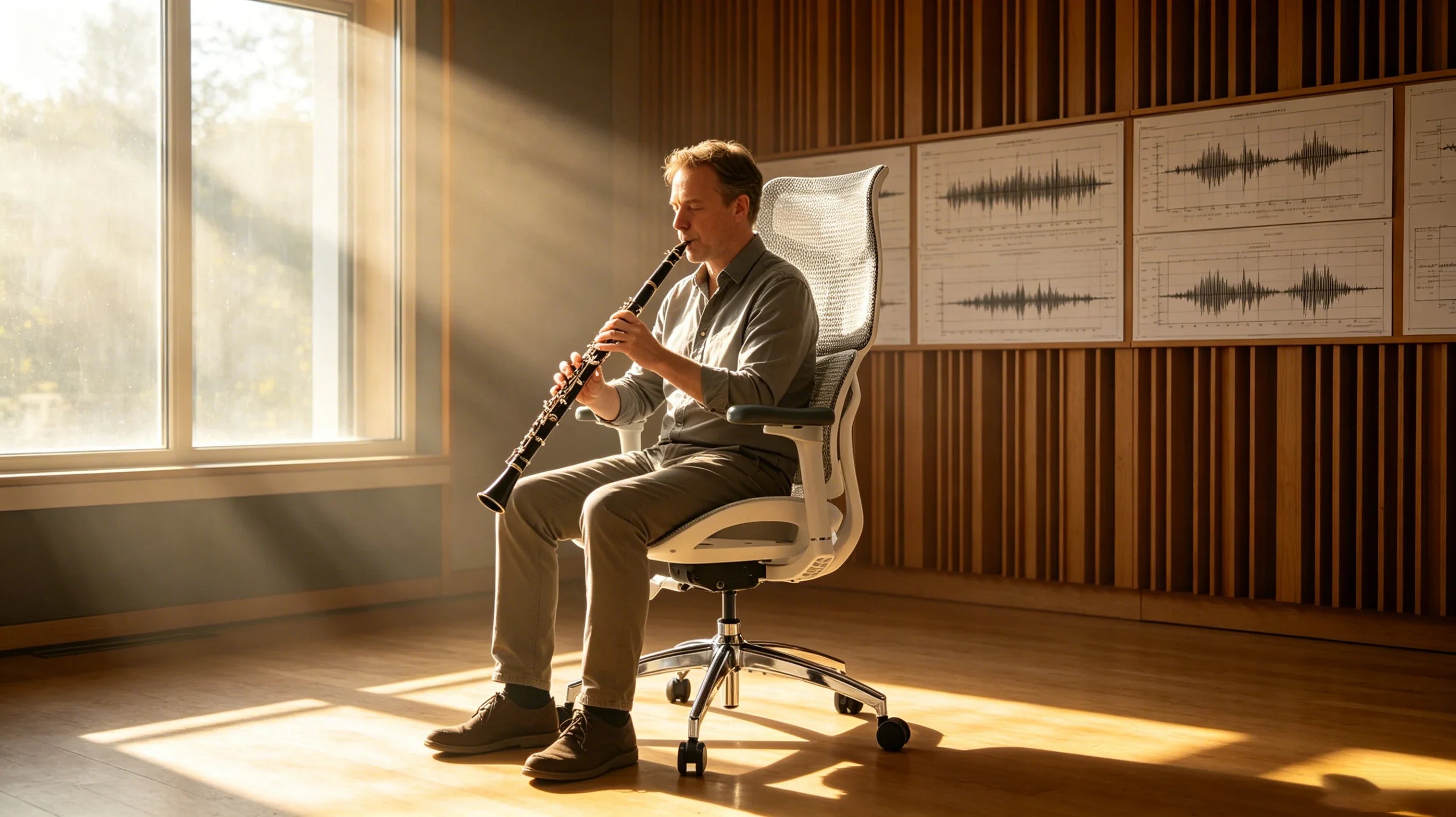 Full body shot of Dieter, a Caucasian clarinetist, sitting deeply in the [desk ergonomic chair] inside his acoustic scoring studio, complete body visual from head to toe.