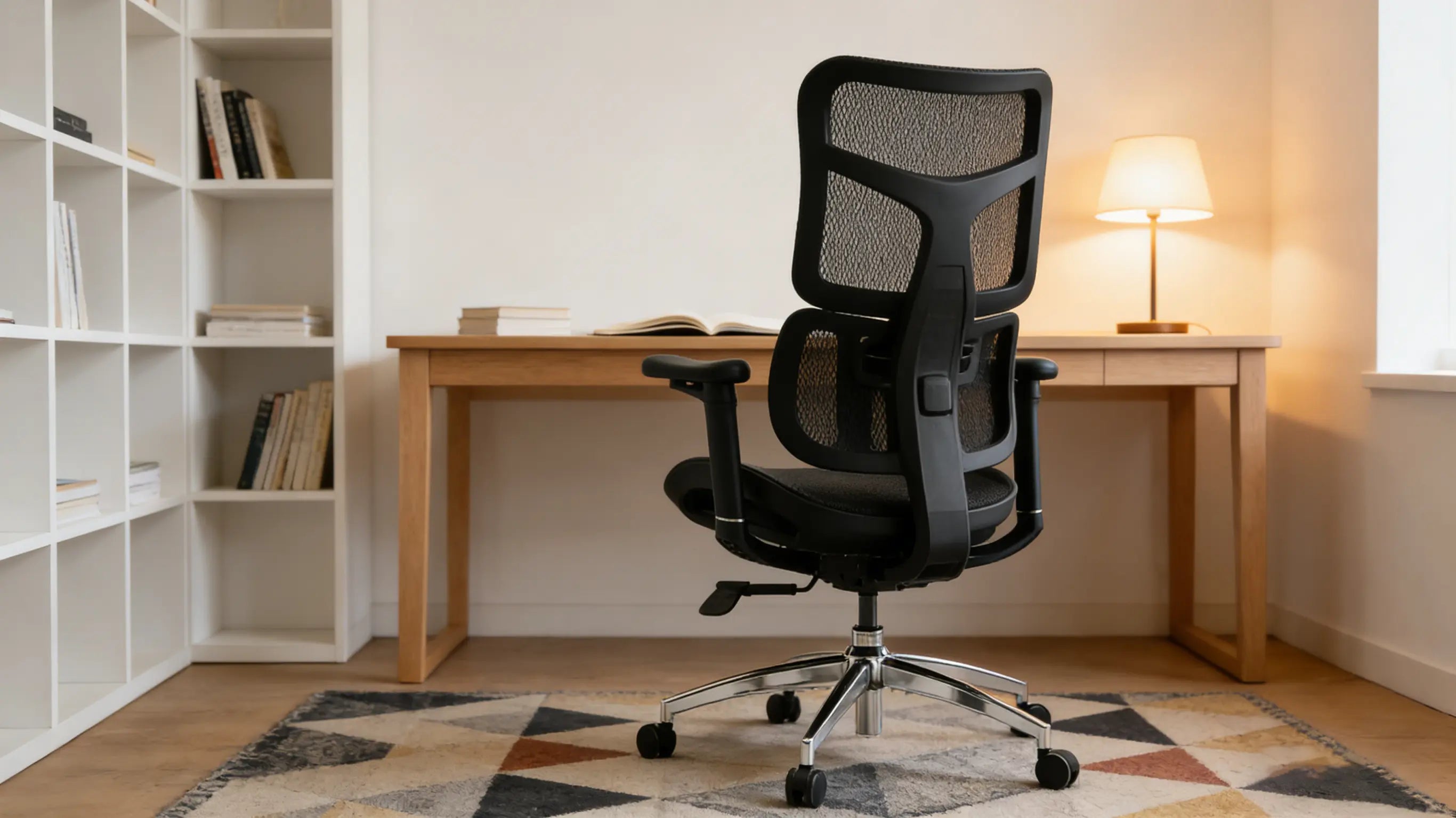 Close-up of the dynamic dual-wing lumbar support on the best desk chair for long hours responding to a user's forward-leaning posture.