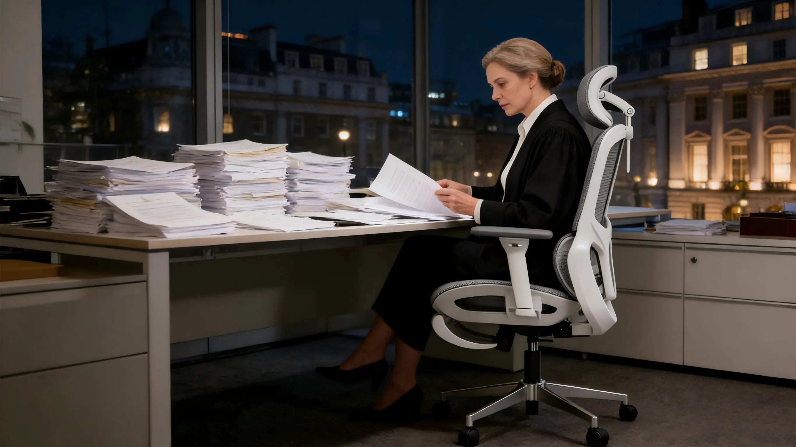 A professional female lawyer working in a London office using a white-framed ergometric office chair.