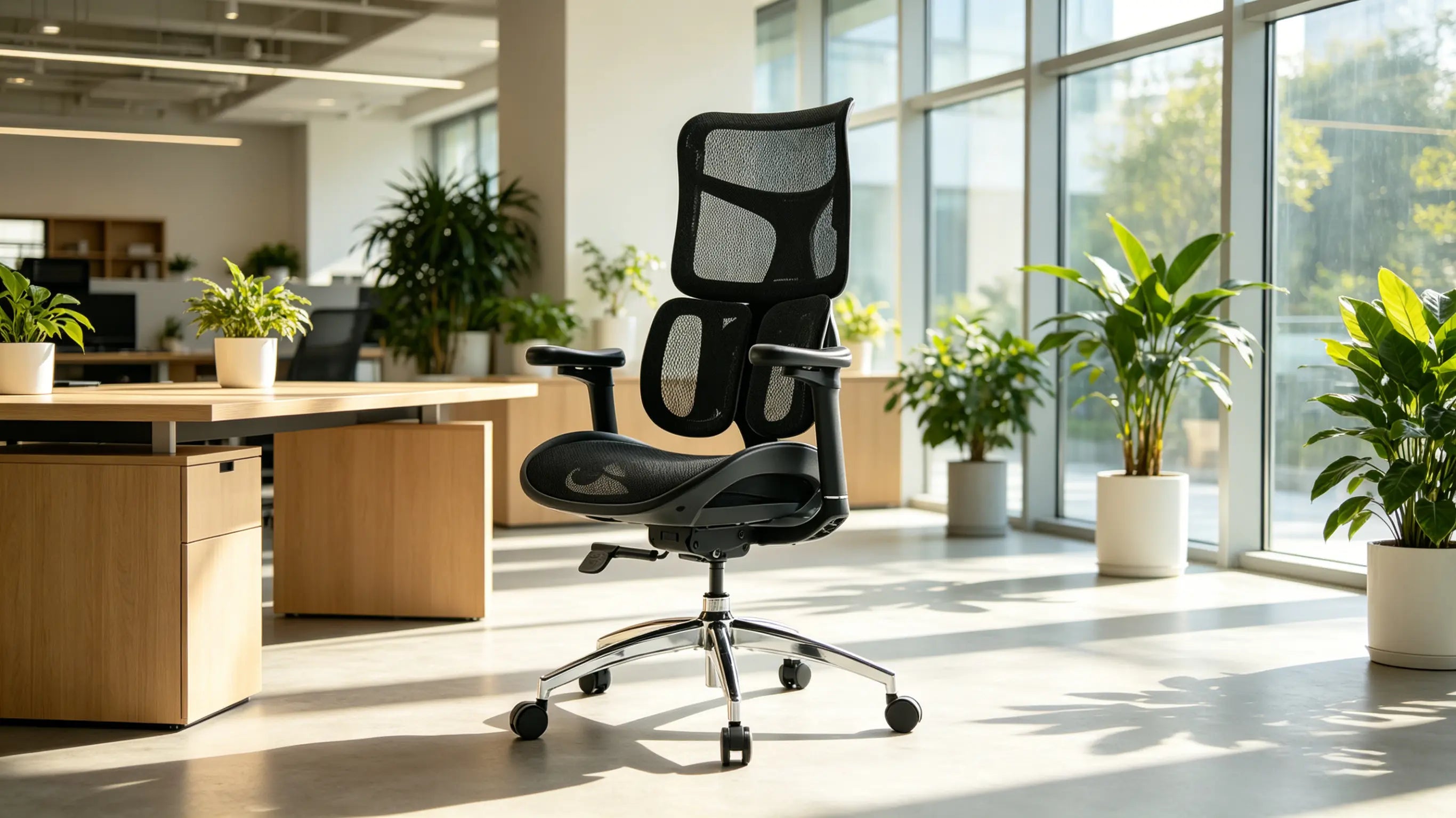 Close-up of the dynamic dual-wing support system on the ergonomic chair for back pain, showcasing bionic spinal alignment.