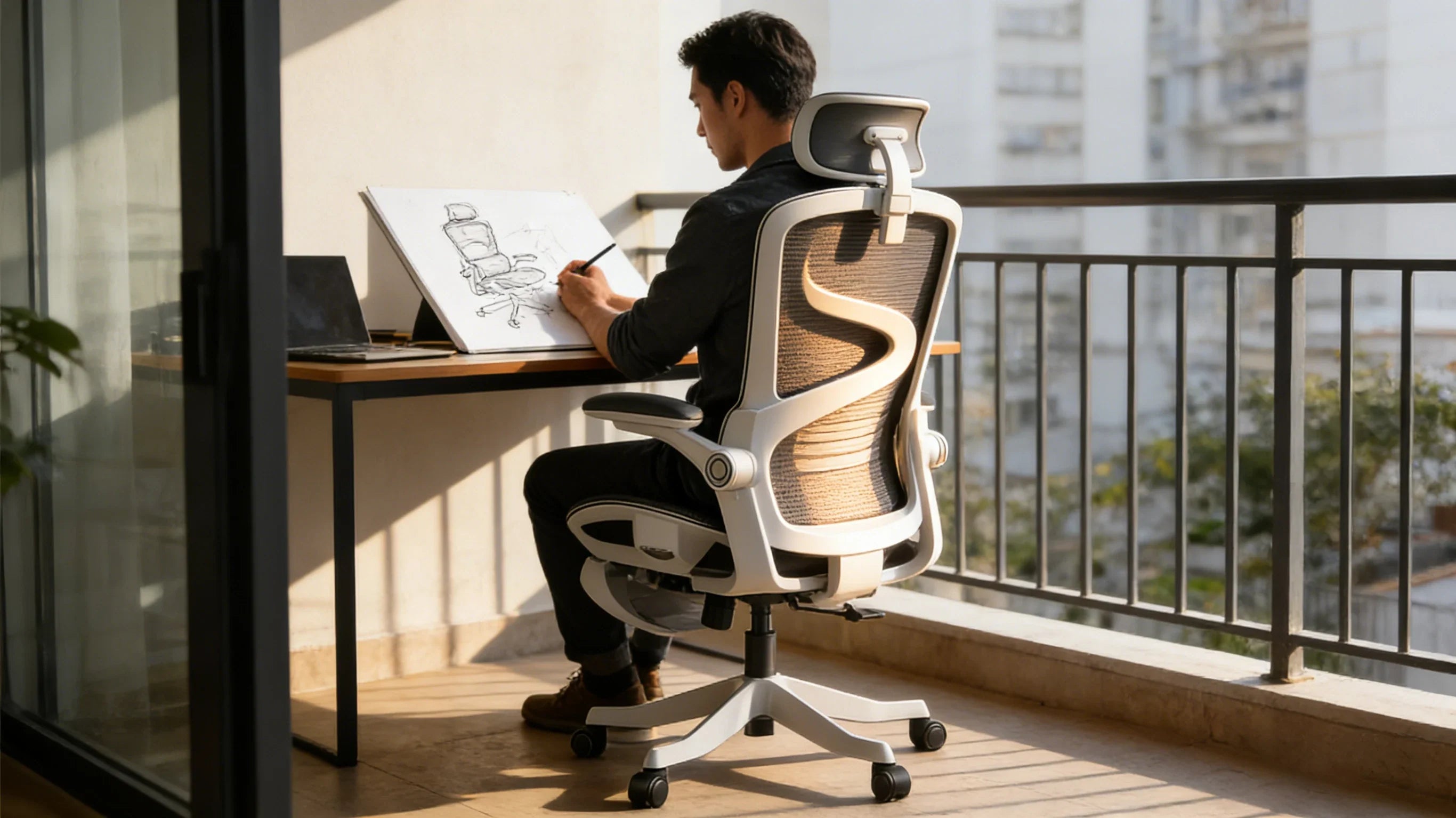 A modern digital nomad working in a high-rise apartment, supported by a professional-grade ergo chair.