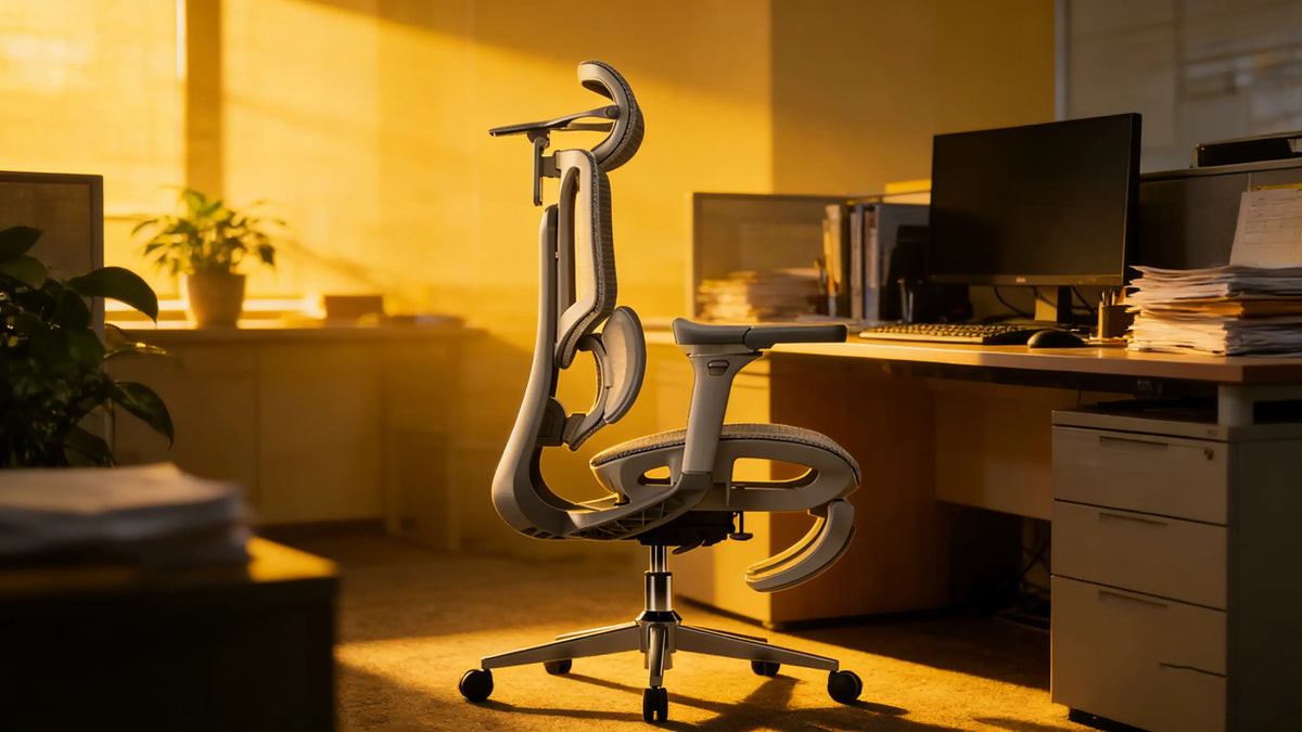 High-back ergonomic office chair with adjustable lumbar support for long hours of sitting.