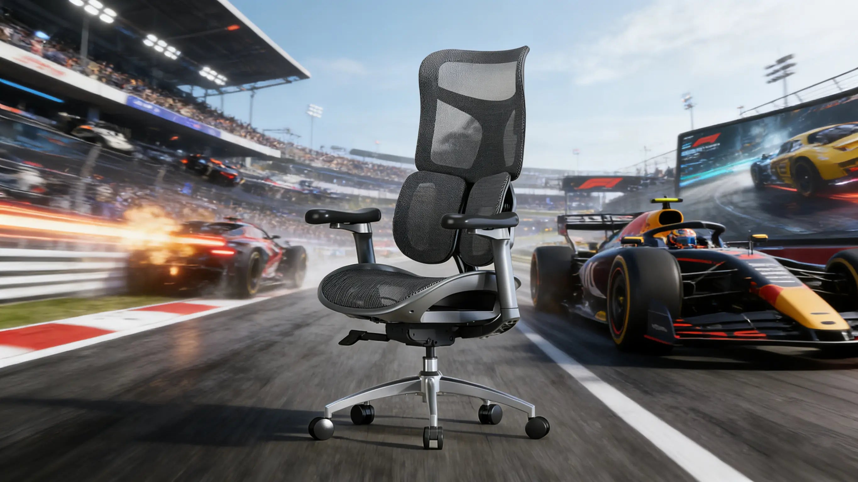 Close-up of the 4D armrests and headrest on a premium ergonomic gamer chair, designed for customized gaming postures.