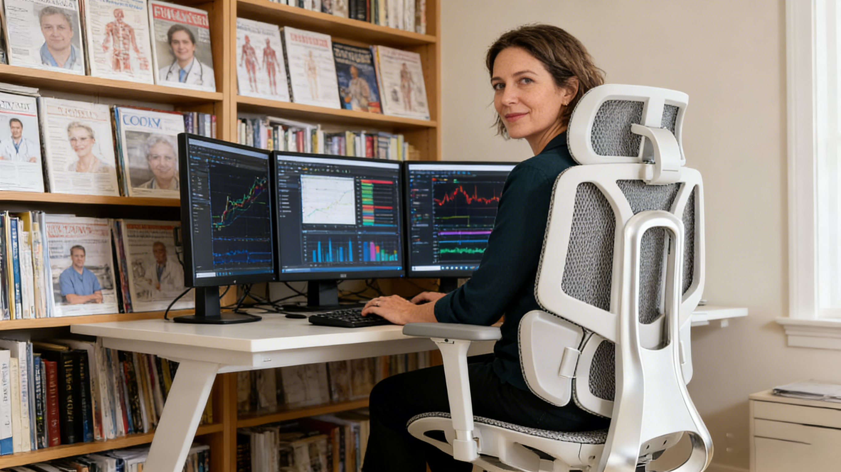 A senior research scientist in a Boston studio sitting in a black ergonomic chairs office chair.