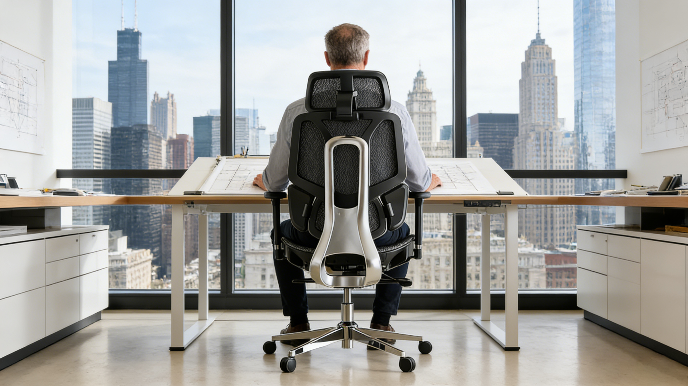 A senior architect in a Chicago studio sitting in a black office chair reviewing blueprints.
