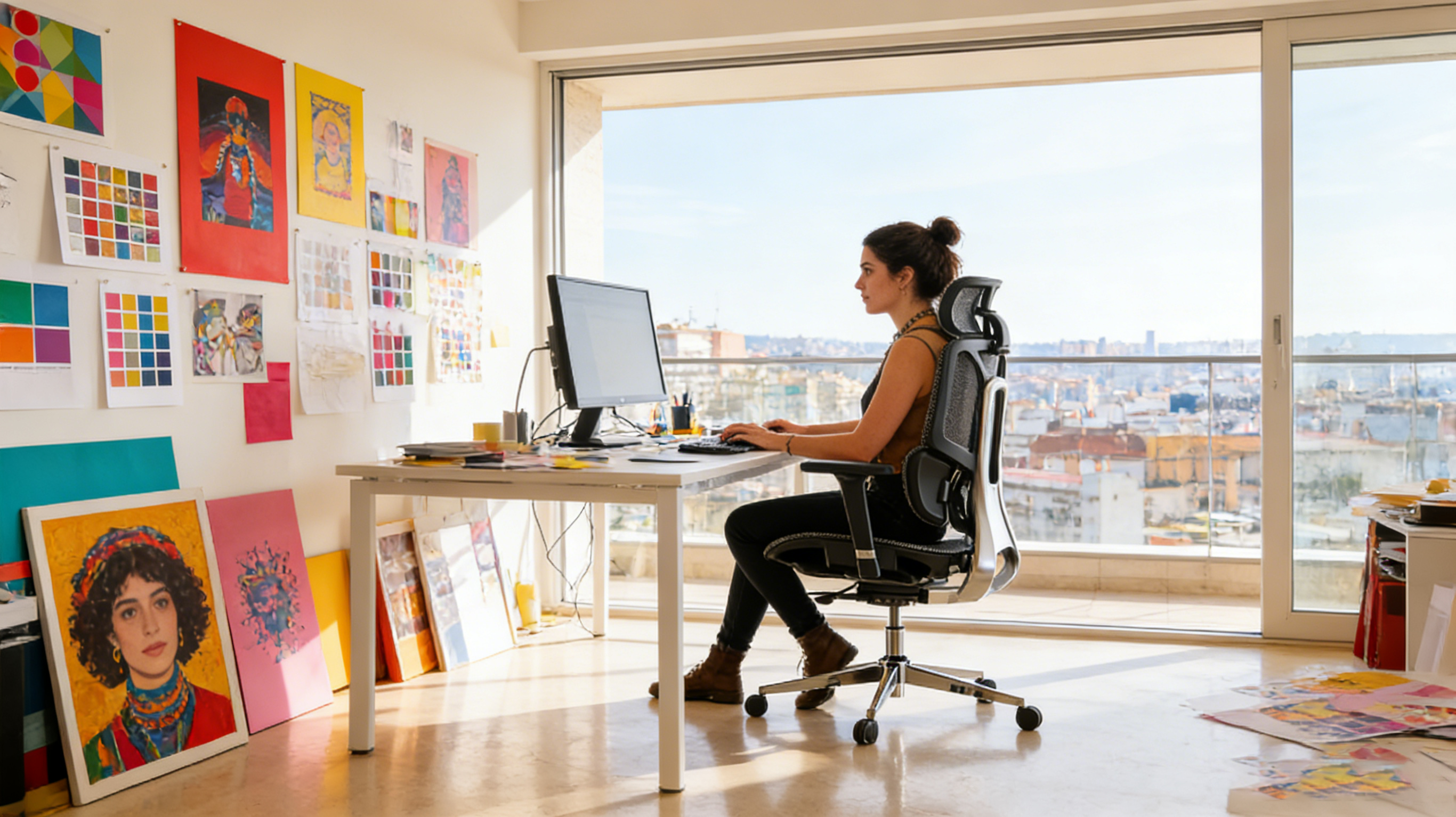 A female graphic designer in a Madrid studio sitting in one of our professional black desk chairs.