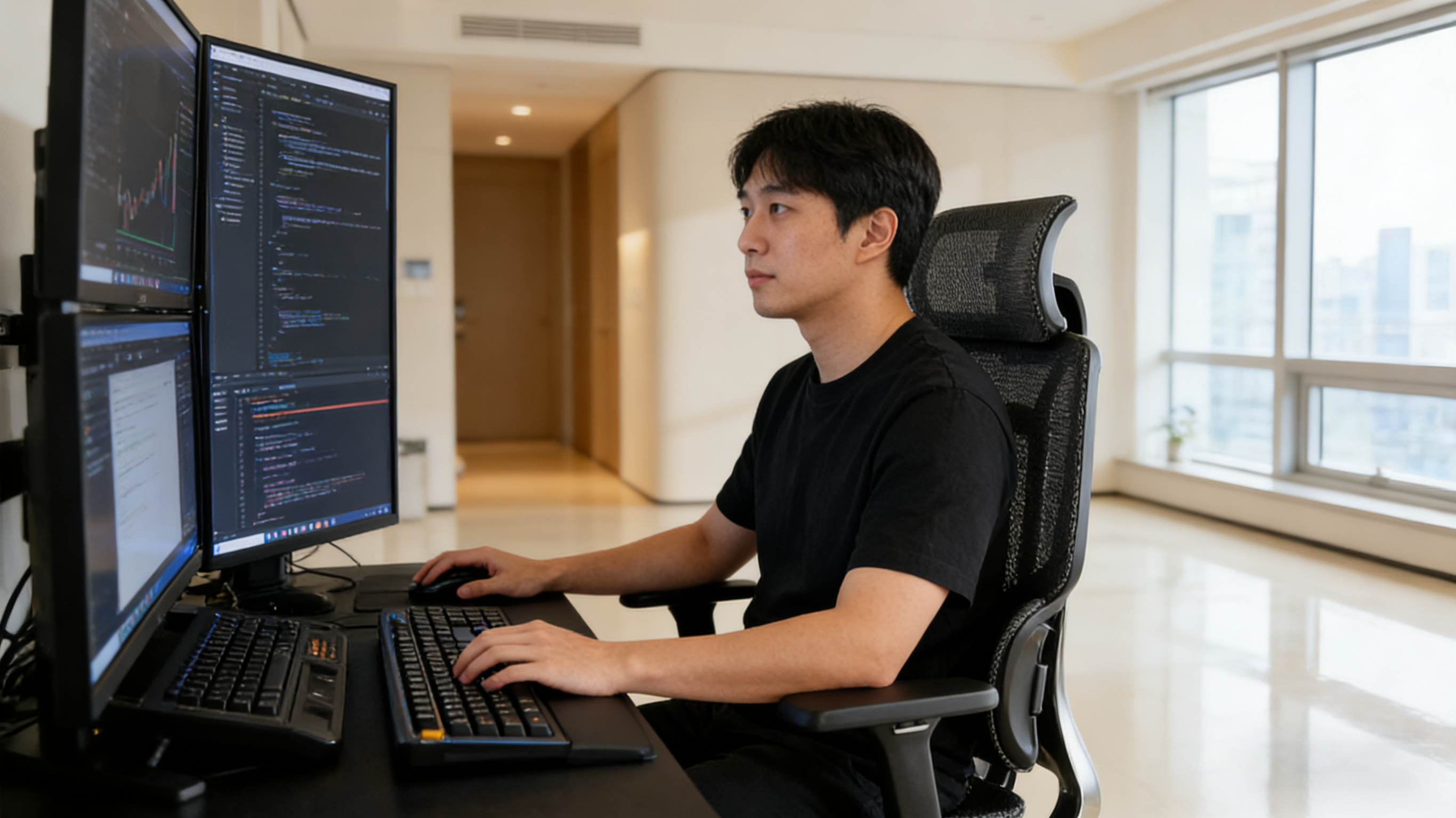 A full-stack developer in a Seoul high-tech apartment sitting in a professional black ergo chair.