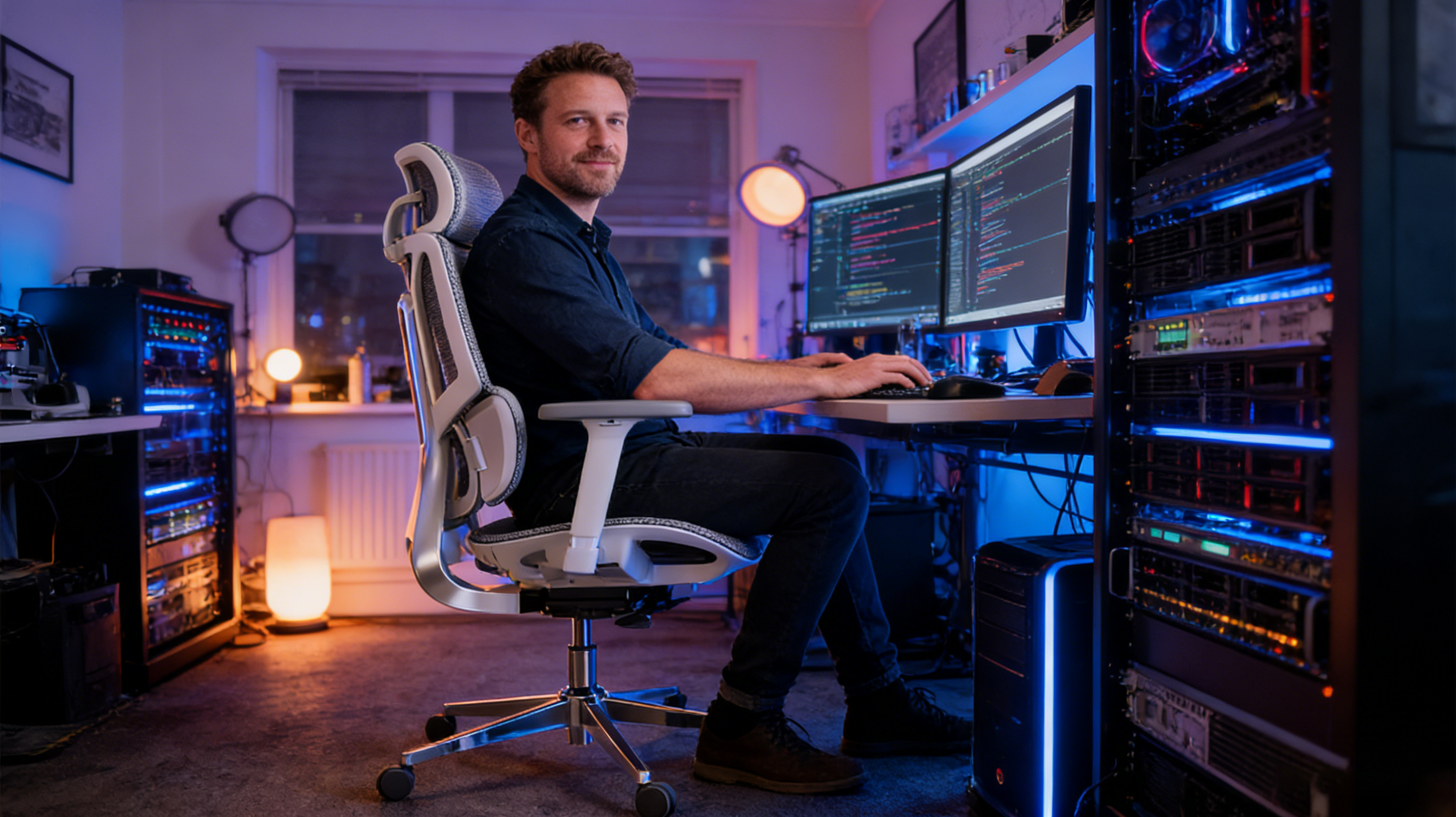 A senior data scientist in a London home lab sitting in a professional black desk chair.