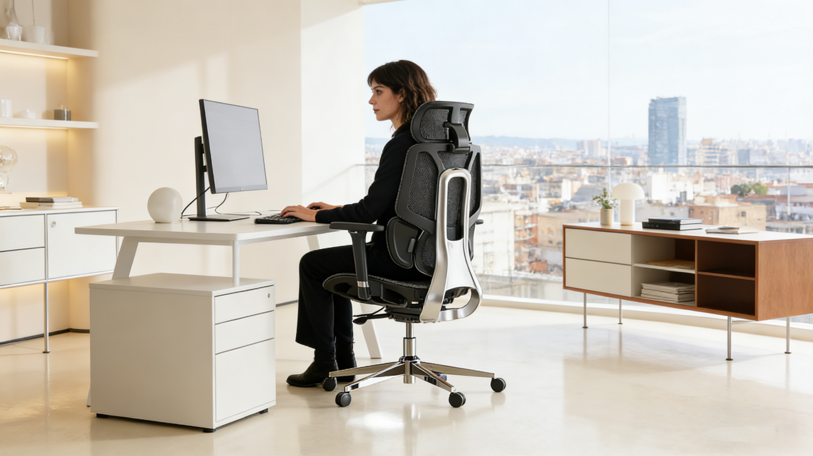 A professional interaction designer in a Madrid studio sitting in one of our black ergodynamic chairs.
