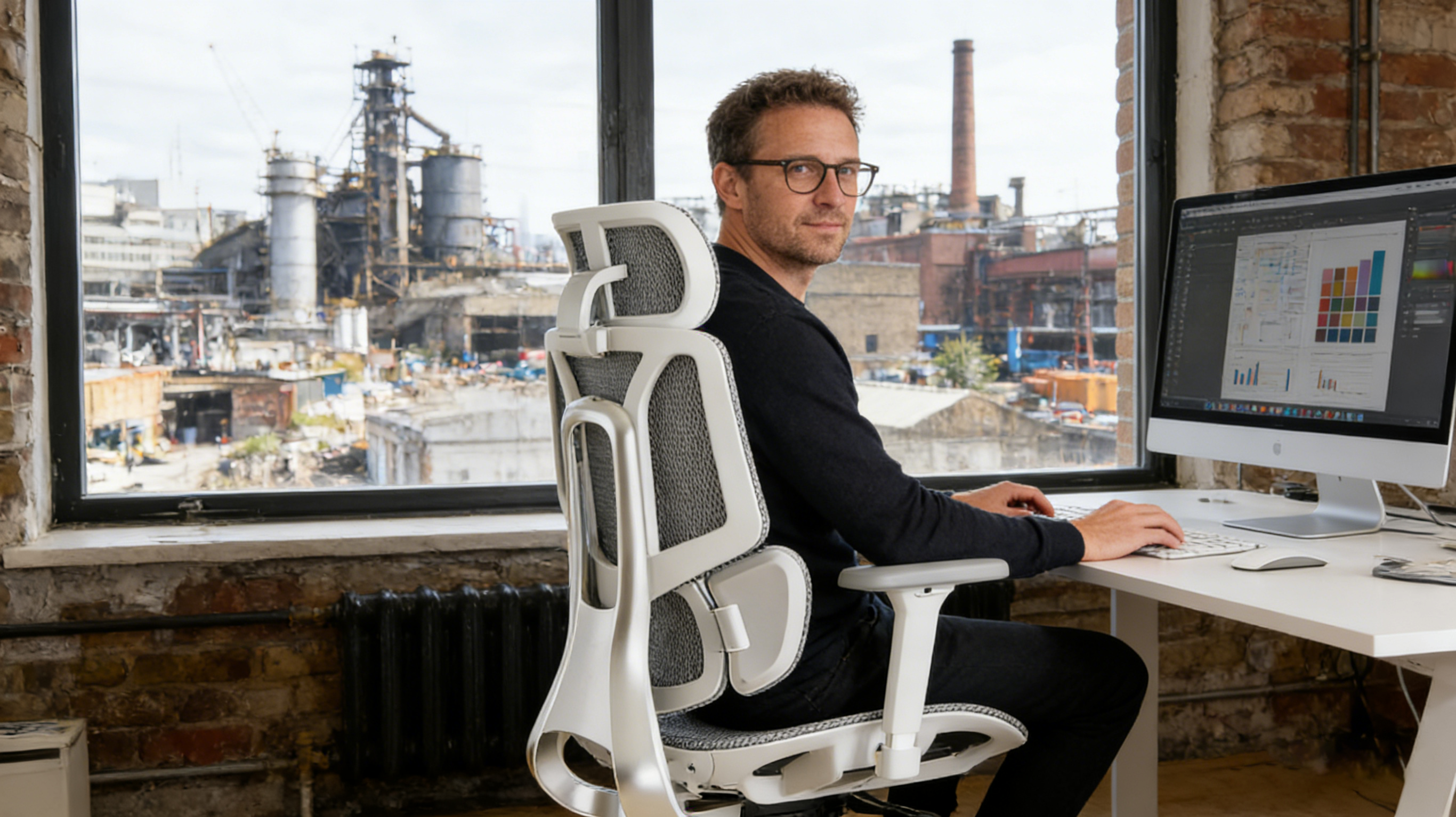 A senior creative director in a London loft studio sitting in a black ergonomics office chair.