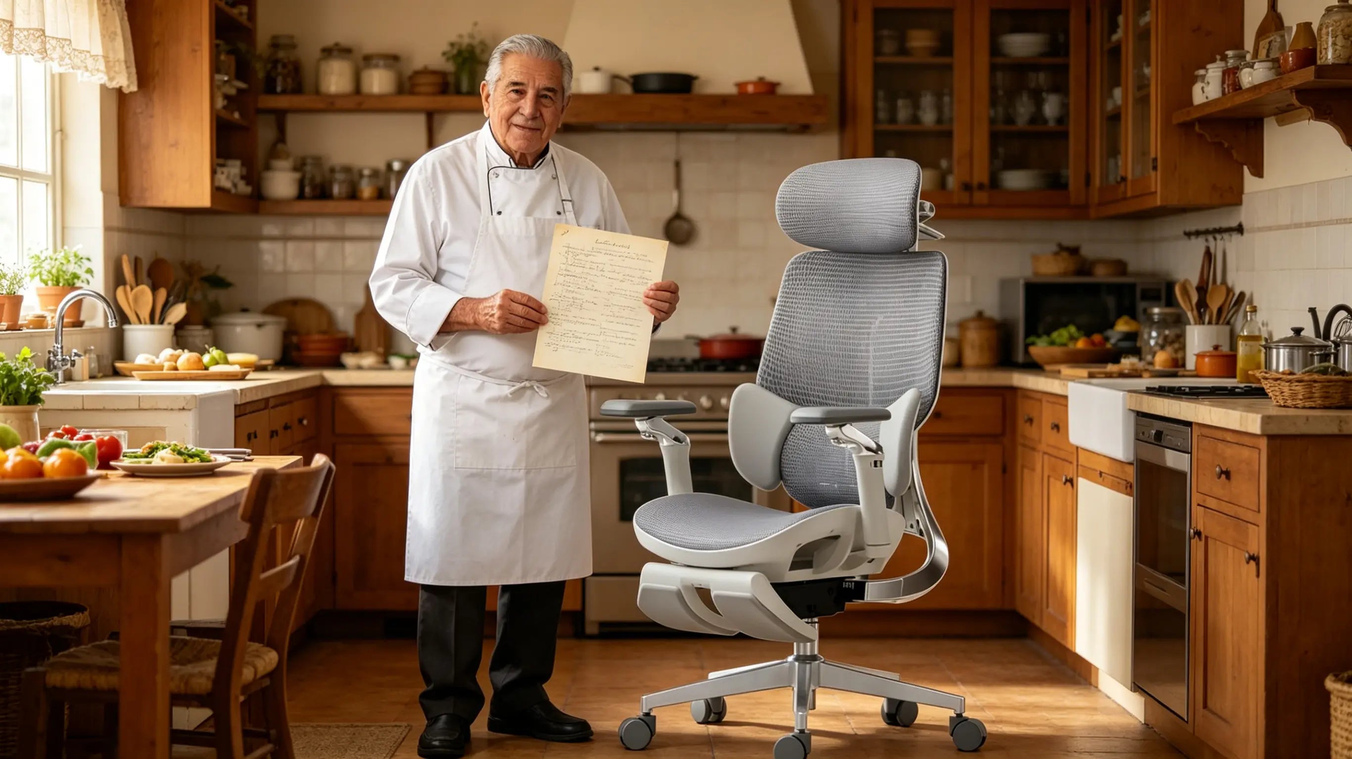 Don Vicente, de 76 años, escribiendo recetas tradicionales sentado en su silla oficina Ergo Select en Valencia.