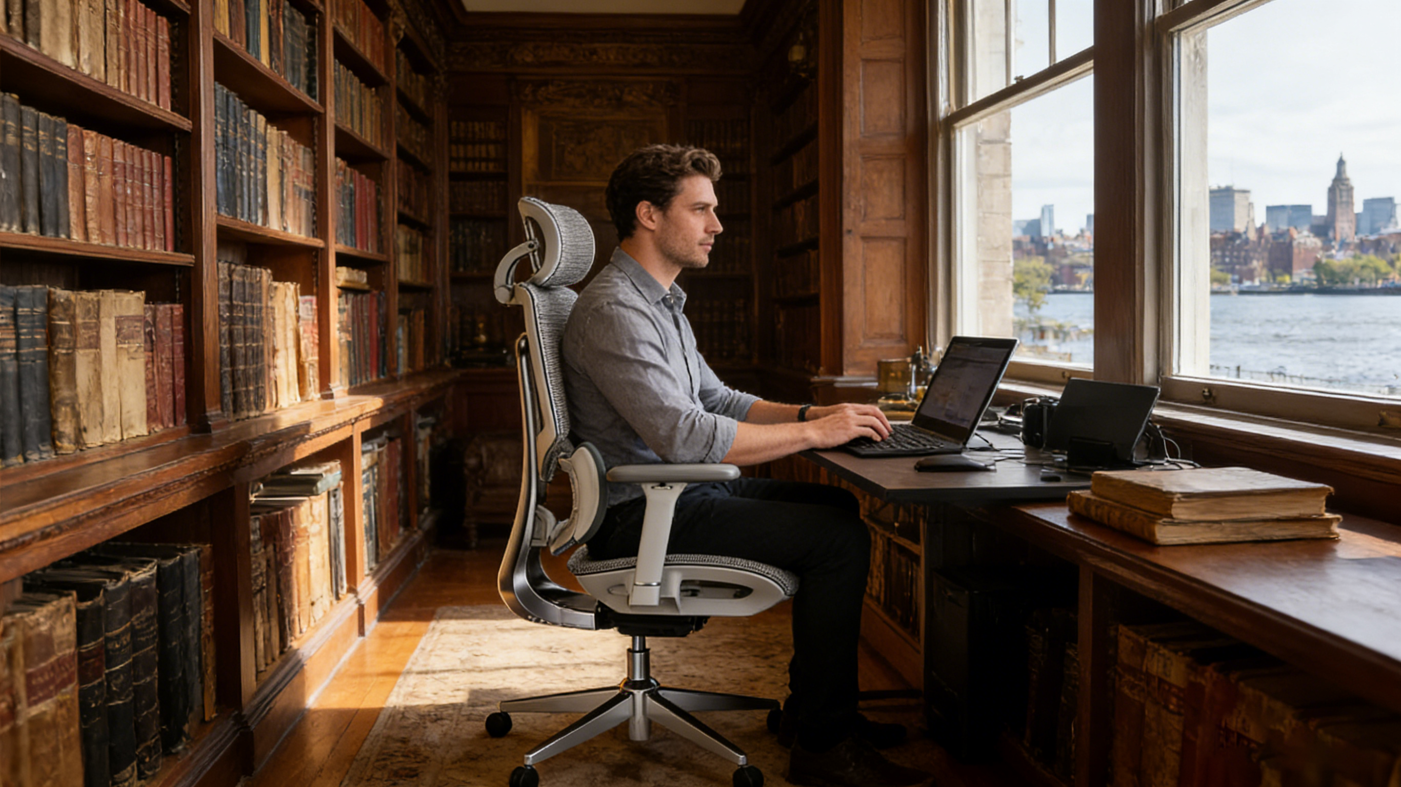 A PhD candidate in a Boston home study using a black study chair ergonomic for dissertation writing.
