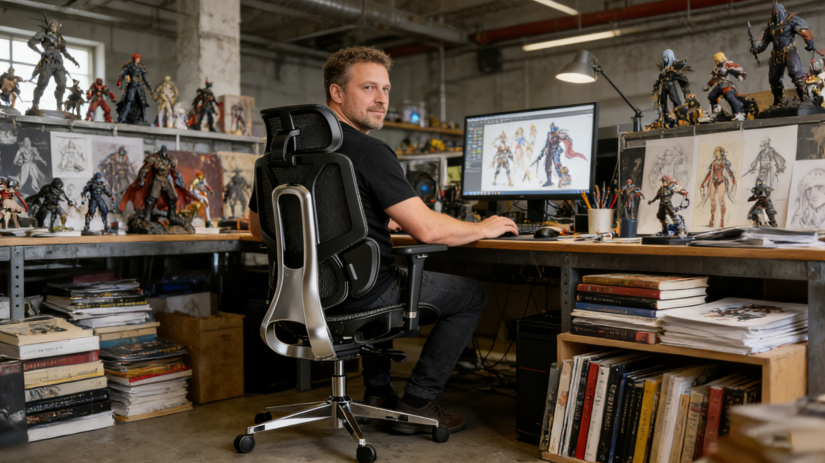 A professional game artist in a Berlin studio sitting in a black chair office ergonomic.