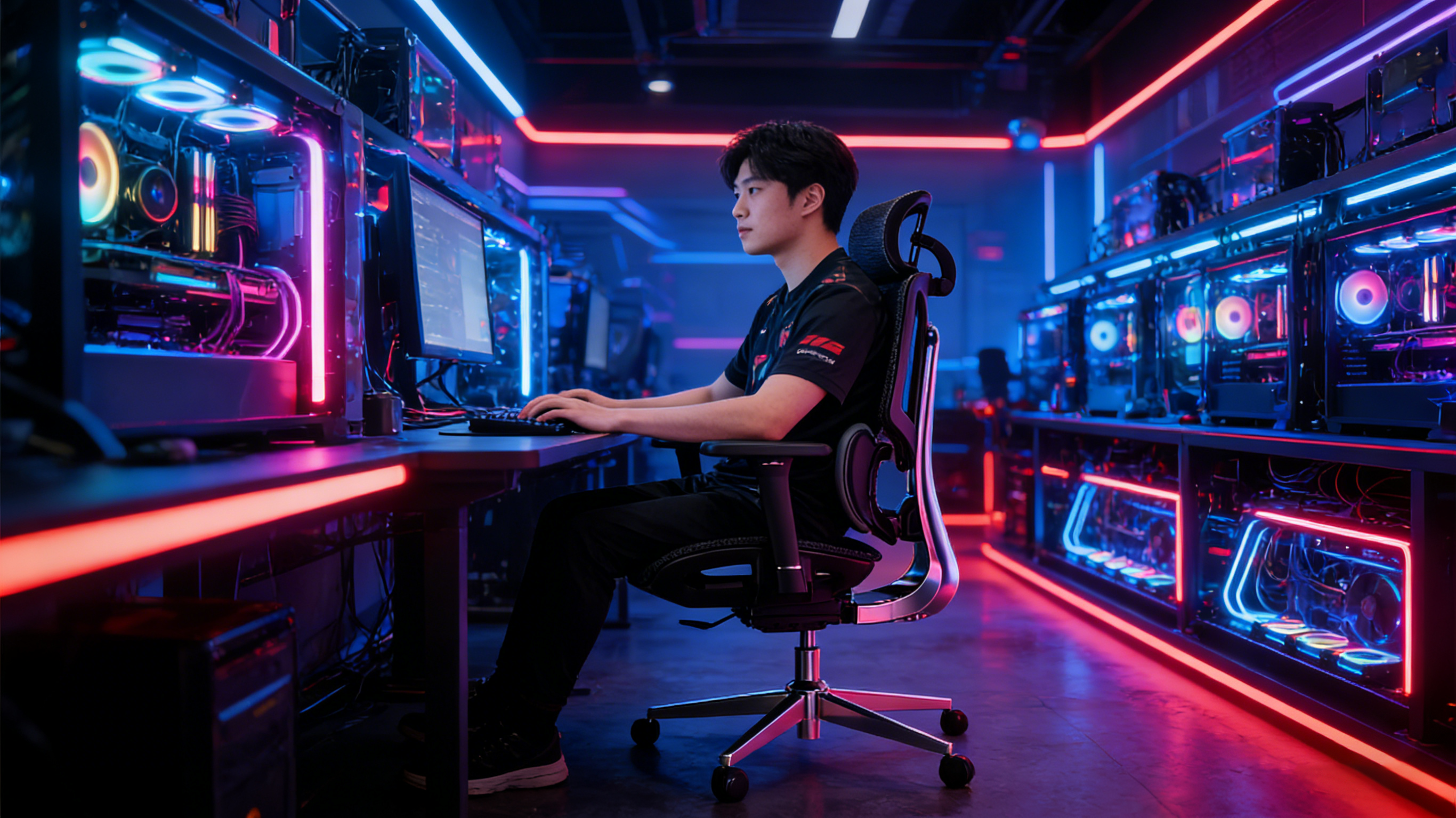 A professional e-sports player in a Seoul training room sitting in a black mesh gaming chair.