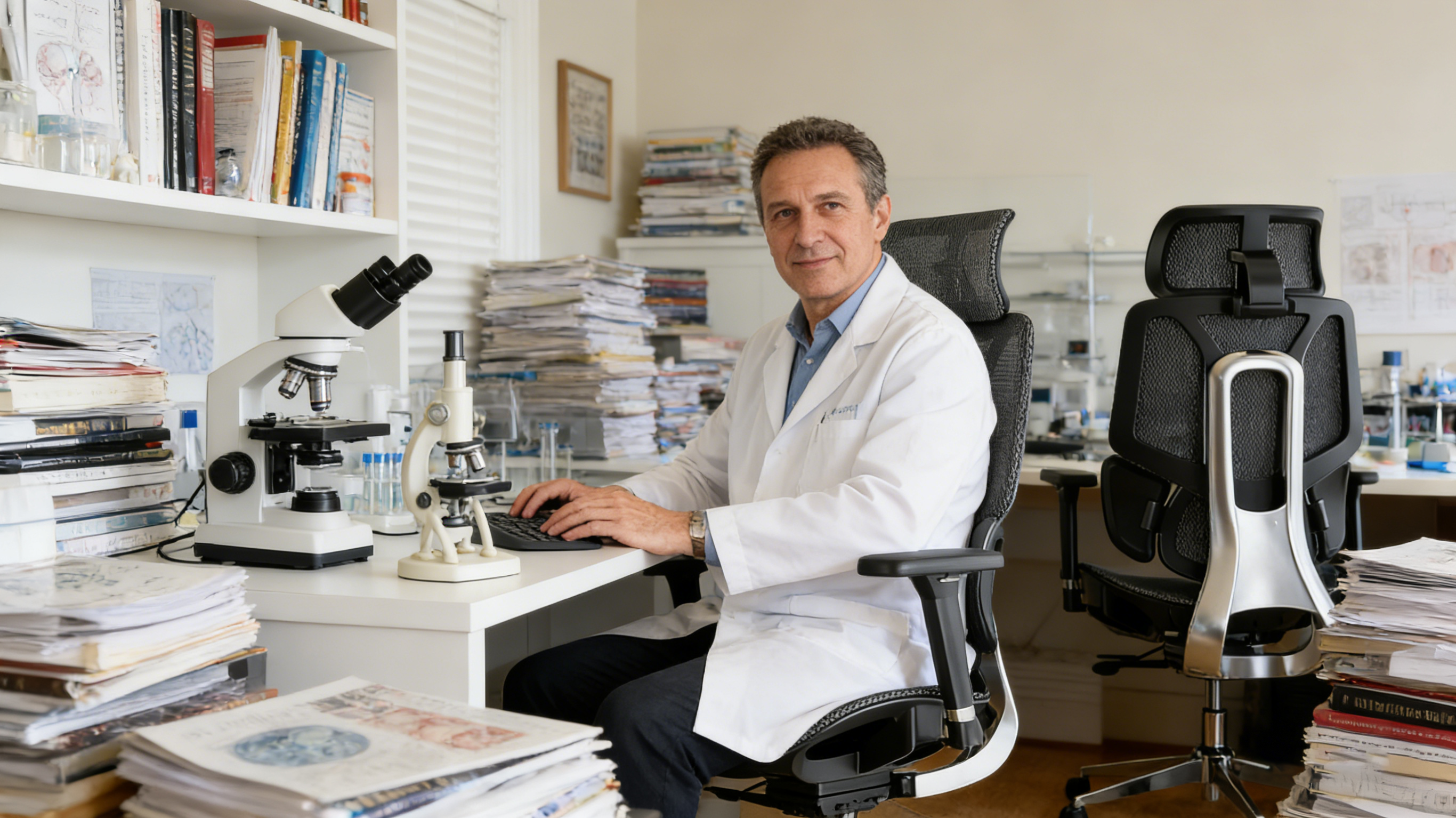 A senior research scientist in a Boston home lab sitting in a black ergodynamic chair.