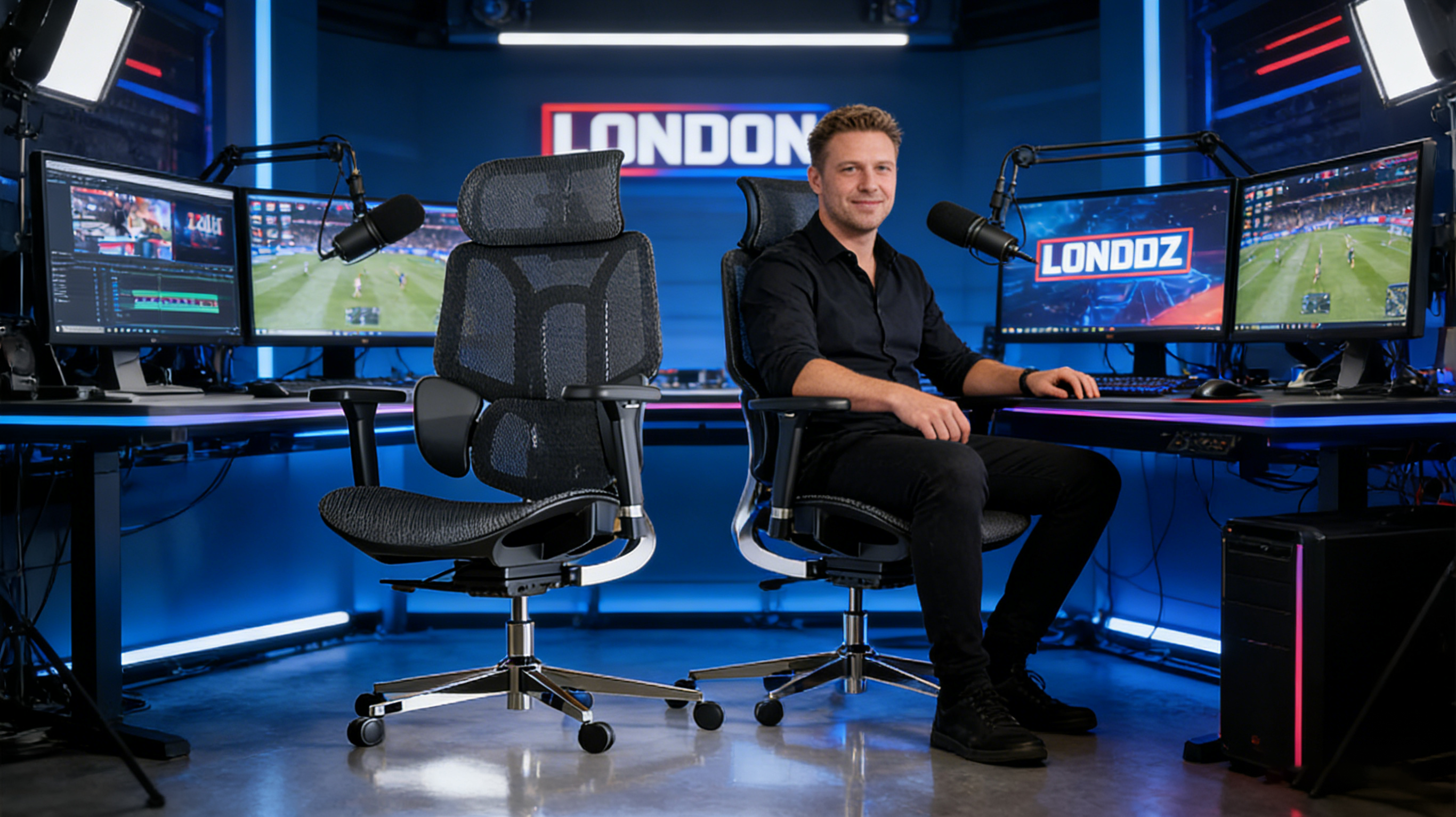 A professional e-sports commentator in a London studio sitting in a black gaming armchair.