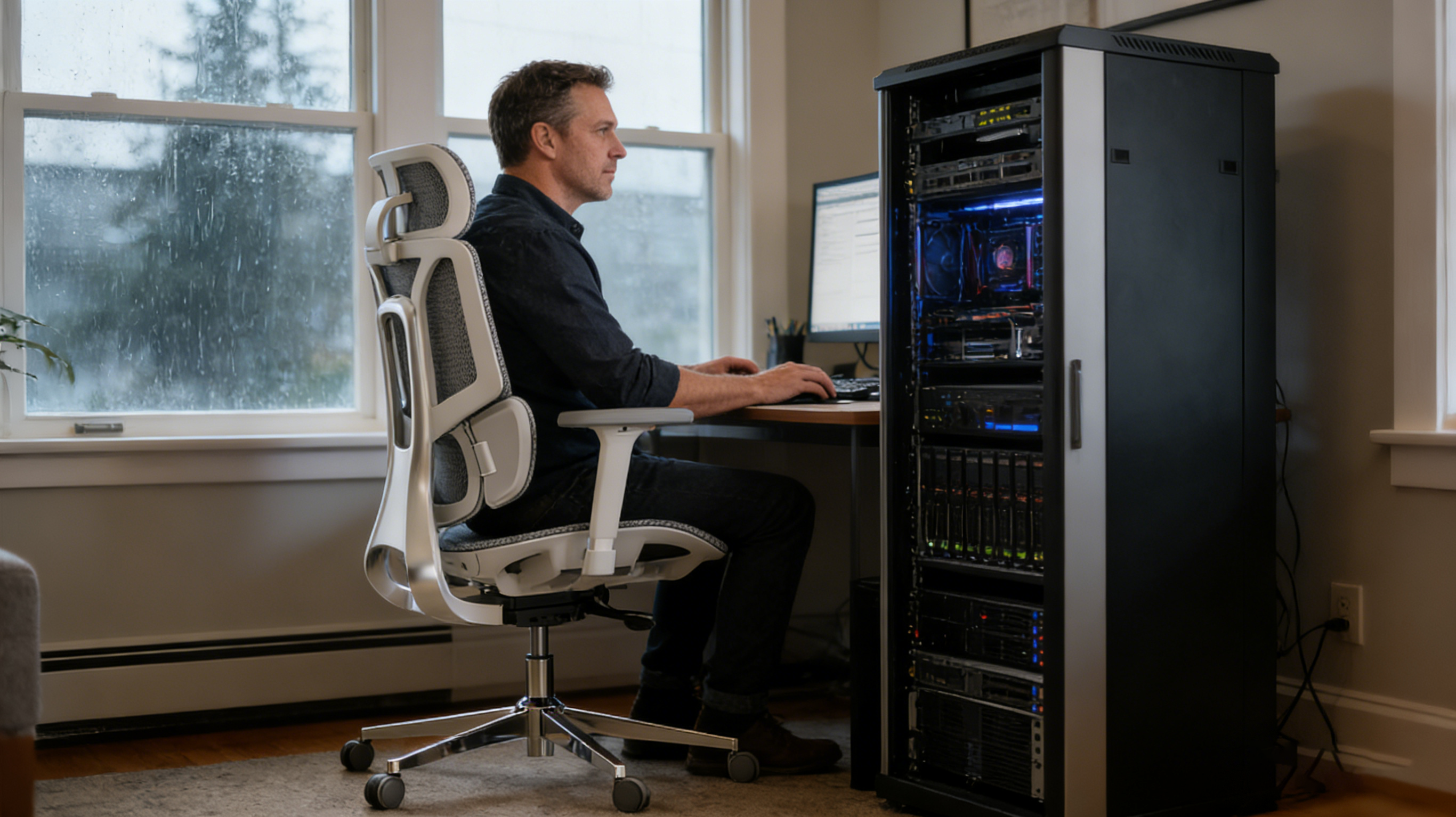 A senior backend engineer in a Seattle studio sitting in a professional black erganomic office chair.