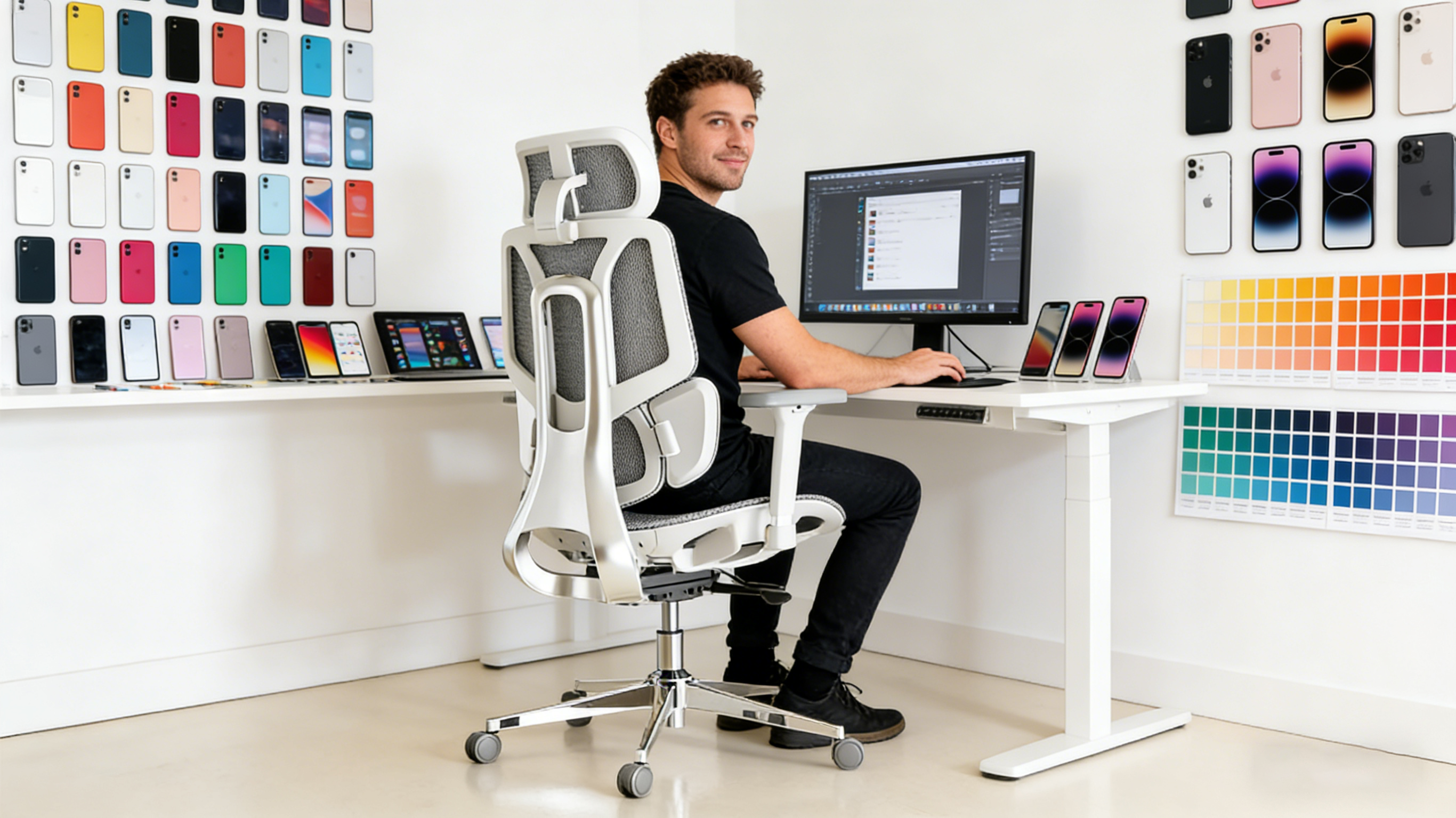 A professional UI designer in a Toronto studio sitting in one of our black ergonomic chairs.