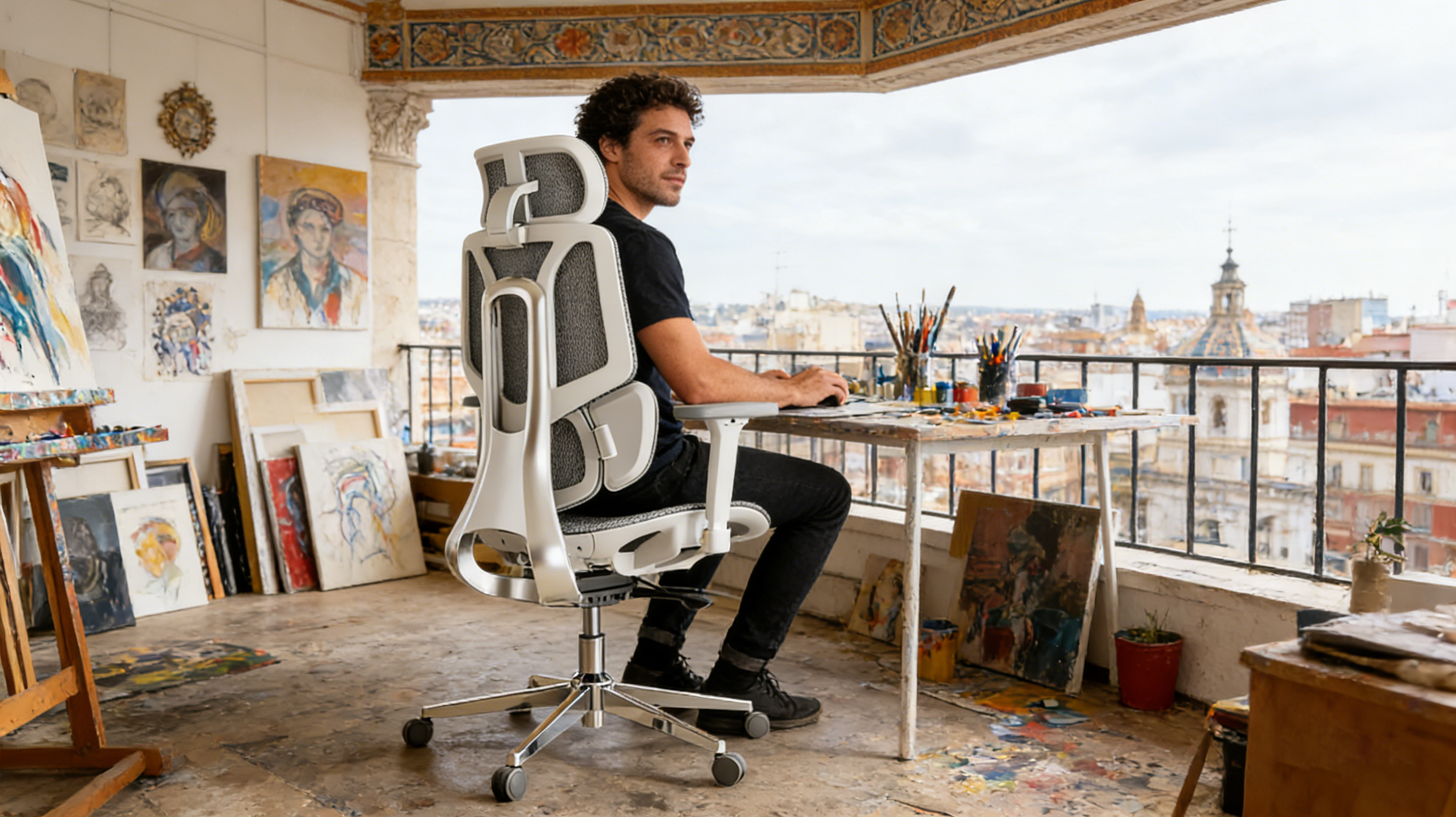 A professional photographer in a Madrid studio sitting in one of our black ergonomic chair office models.
