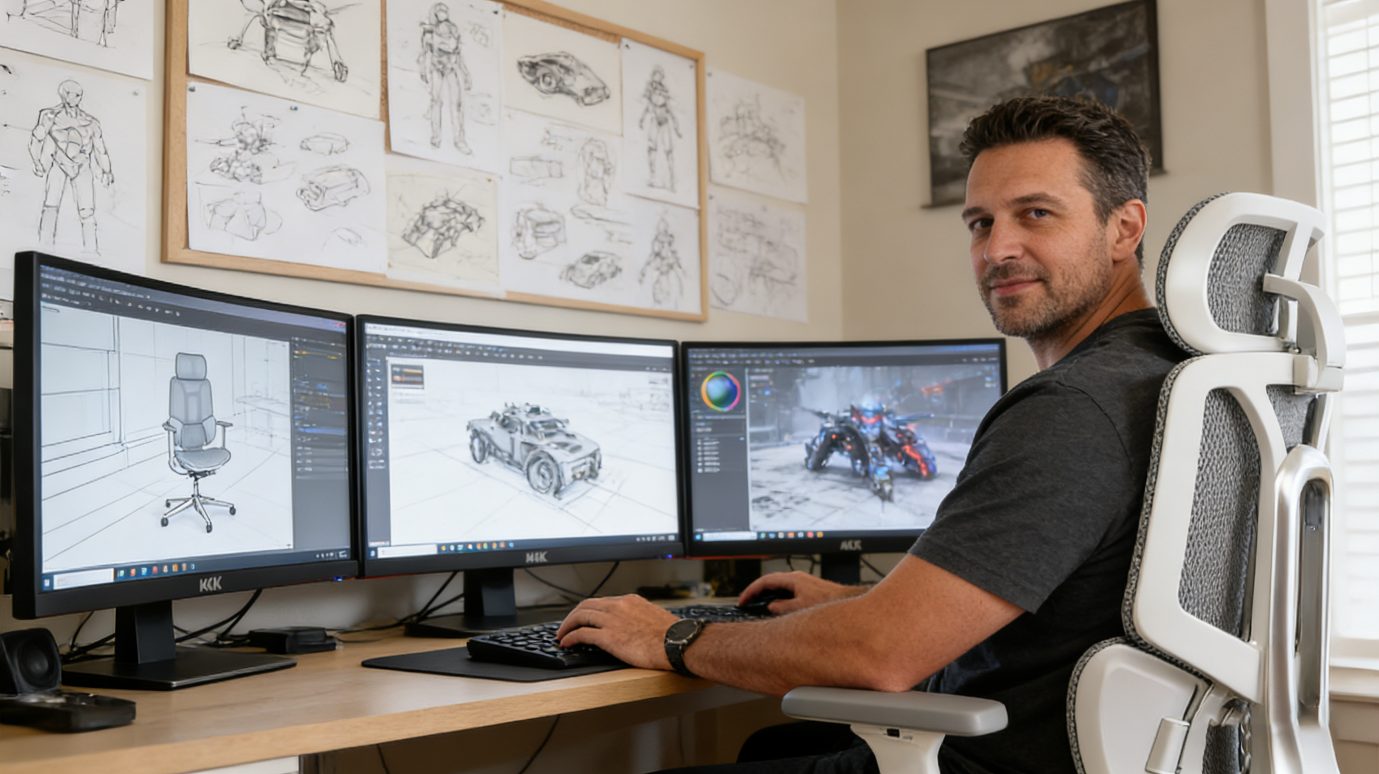 A senior level designer in an Austin home studio sitting in a black video game chair.