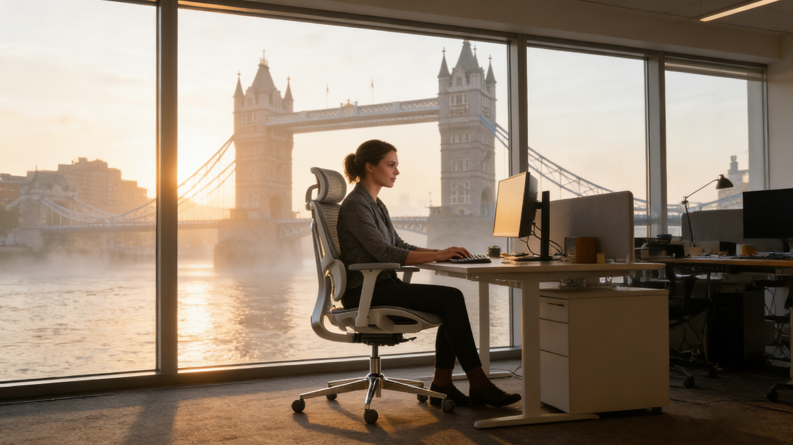 A senior copywriter in a London studio sitting in a professional black ergonomic chair.