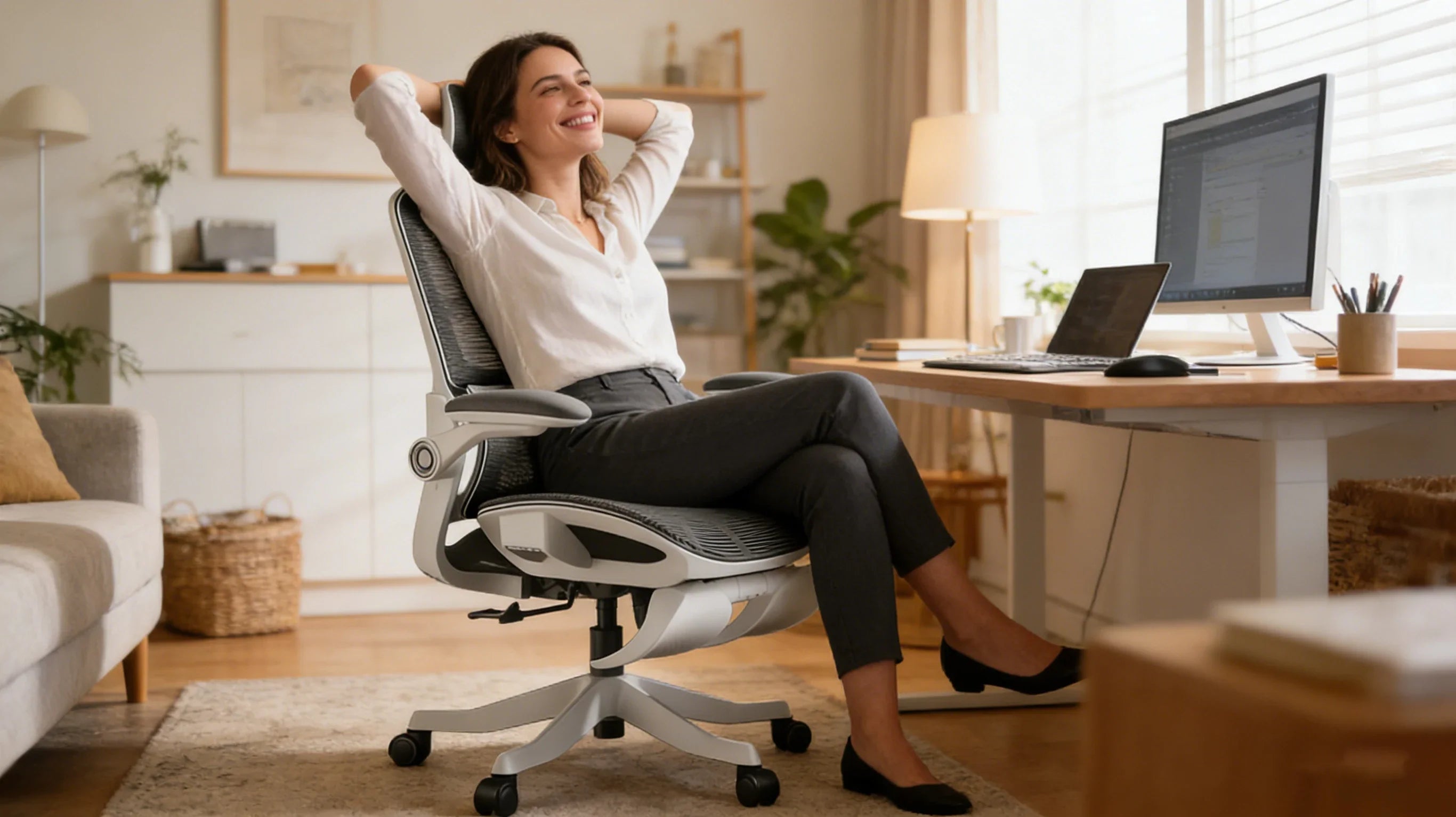 A confident professional woman leaning back into her high-performance desk chair while working in a sunlit office.