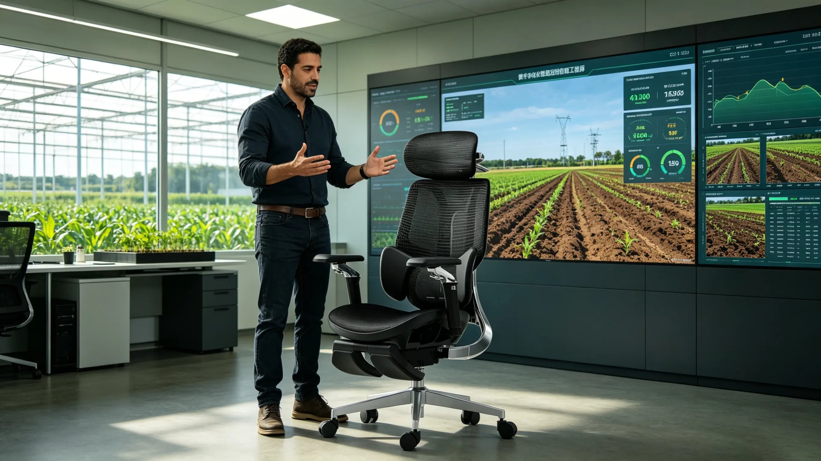 Don Lucas, un ingeniero de control de riego de 31 años, optimizando recursos hídricos sentado en su ergonomic office chair Ergo Select en Murcia.