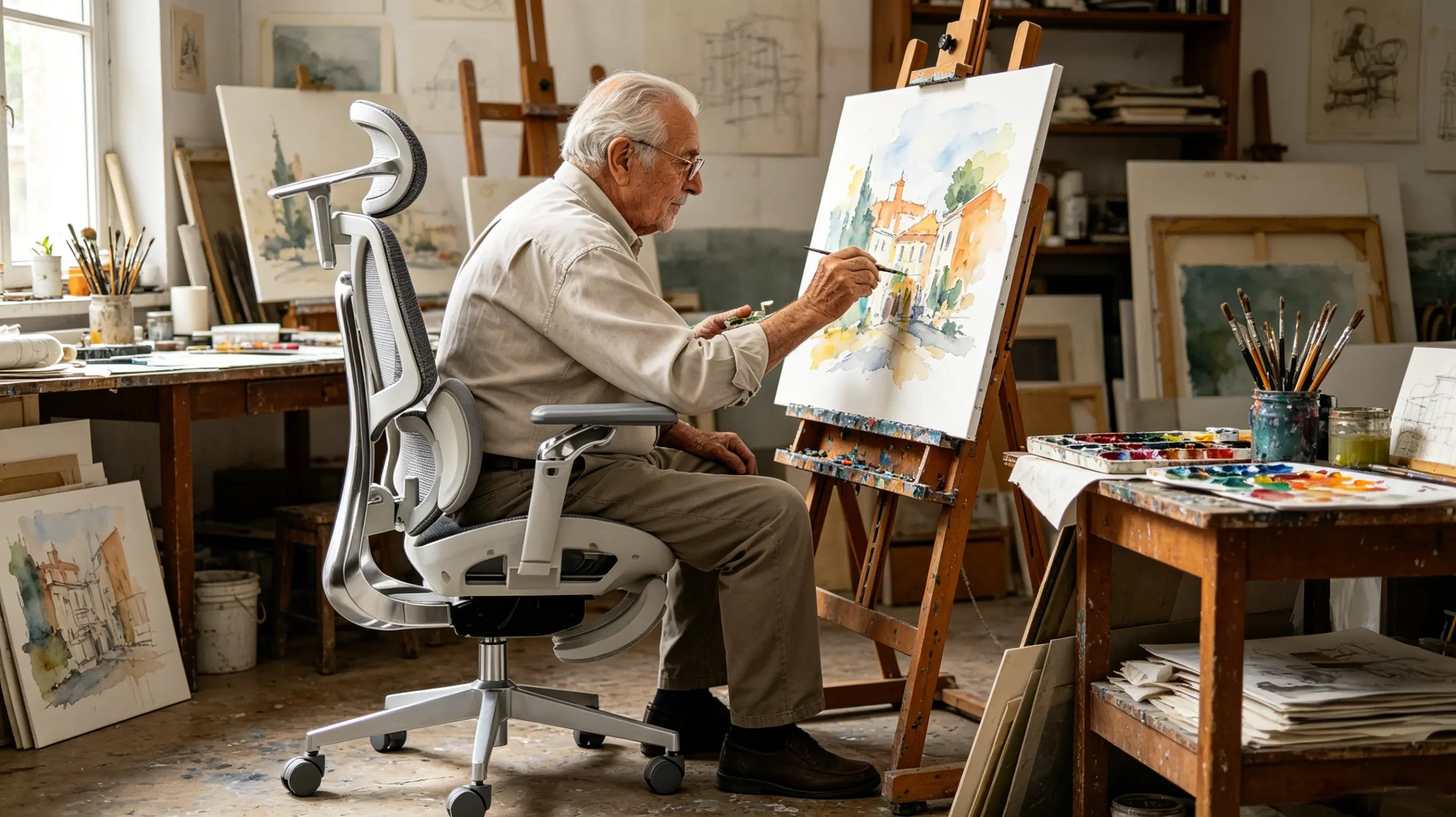 Don Ricardo, un pintor de 85 años, dibujando acuarelas sentado en su ergonomic office chair Ergo Select en su estudio de Madrid.