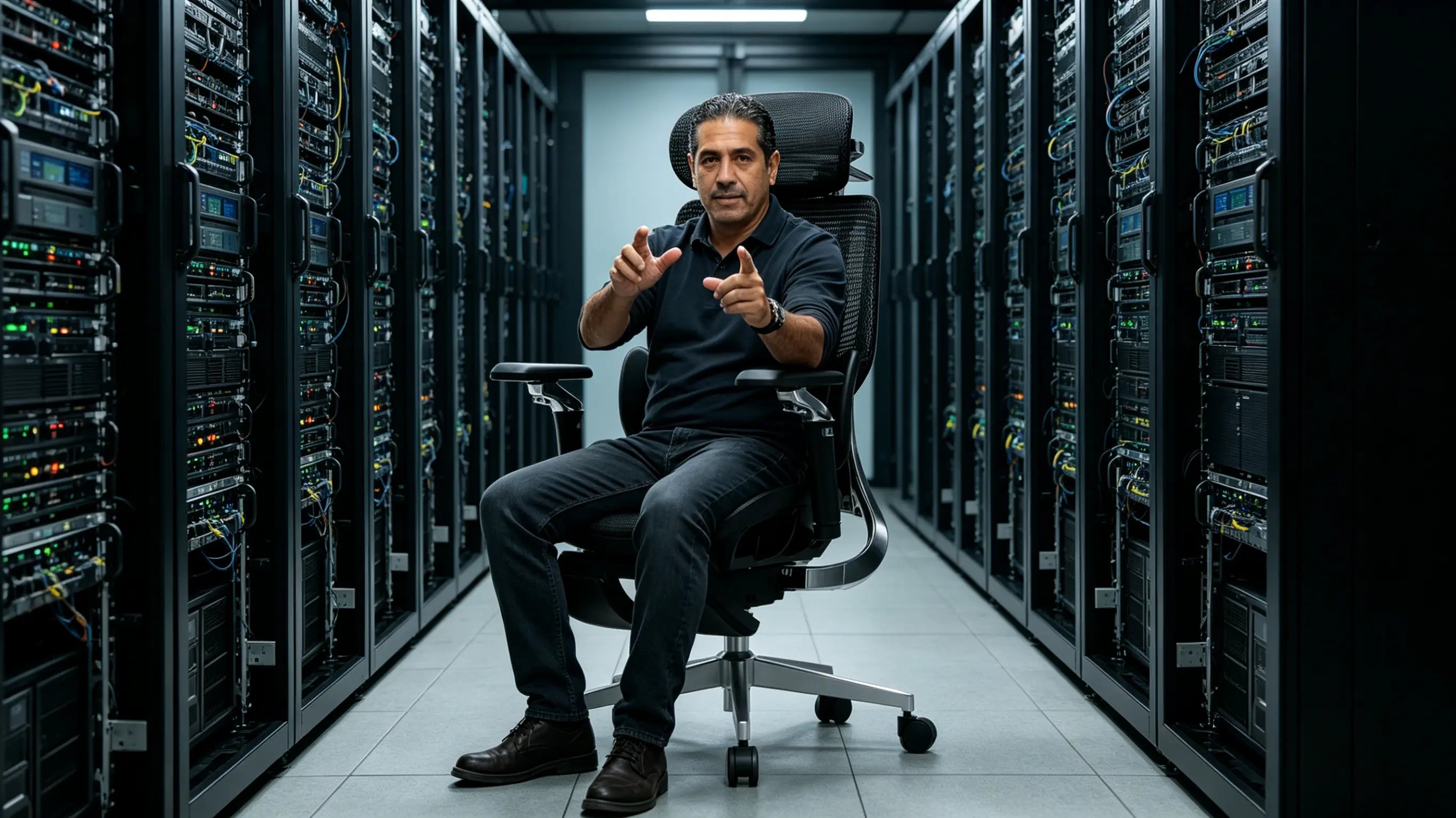 Javier, administrador de sistemas de 45 años, monitoreando servidores sentado en su ergonomic mesh chair Ergo Select en Málaga.
