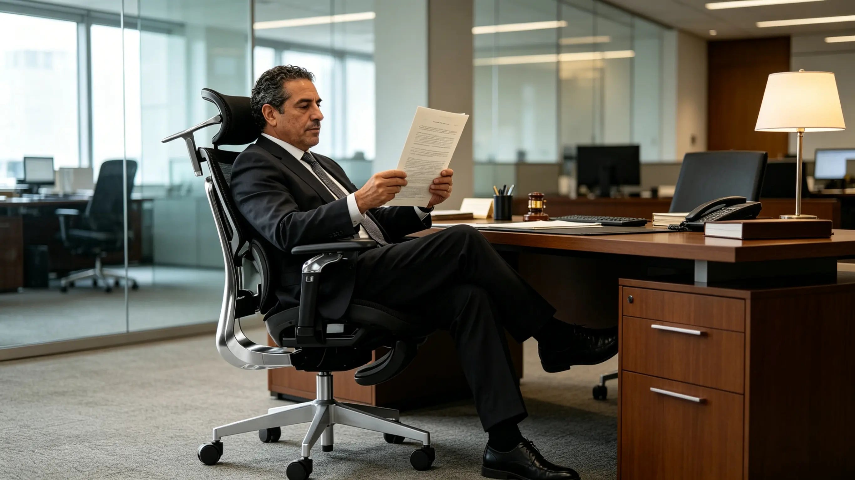 Don Albert, abogado de patentes de 48 años, revisando documentos técnicos sentado en su ergonomic office chair Ergo Select en su despacho de Barcelona.