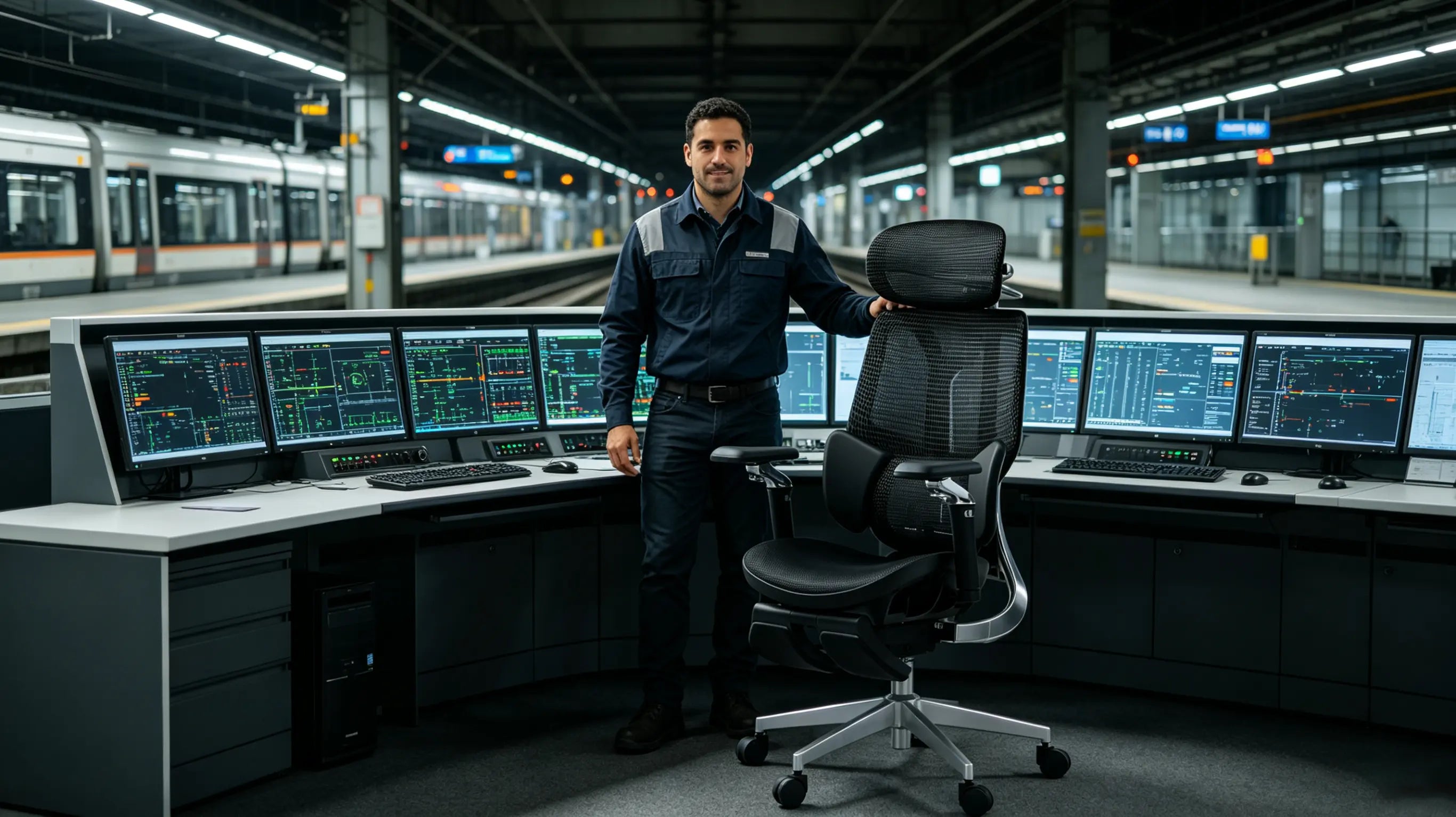 Don Pol, un ingeniero de sistemas ferroviarios de 33 años, monitorizando el tráfico de metro sentado en su ergonomic office chair Ergo Select en Barcelona.