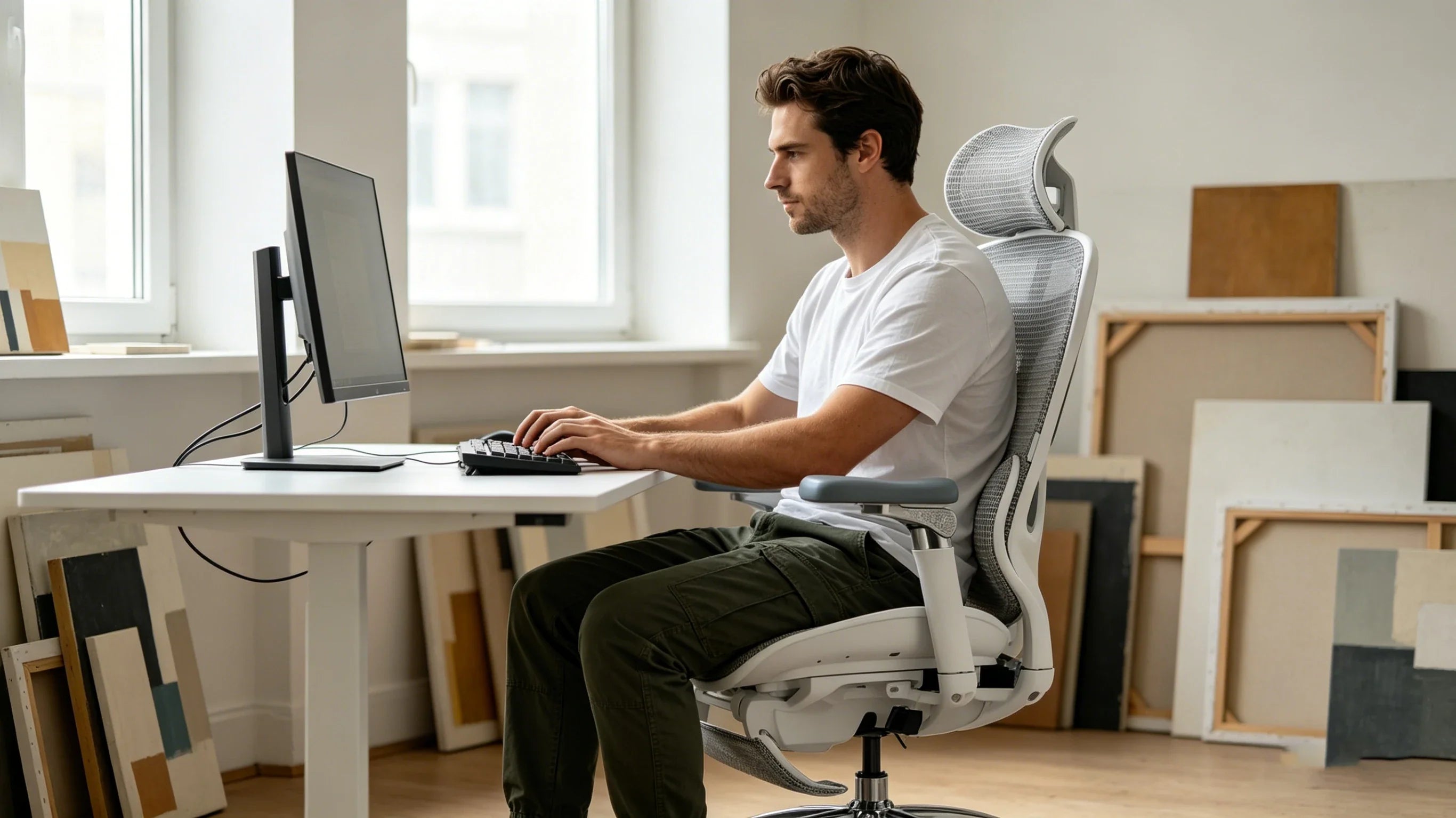 Full view of a 28-year-old male writer in a white T-shirt sitting in the [adjustable office chairs] in his sunlit studio.
