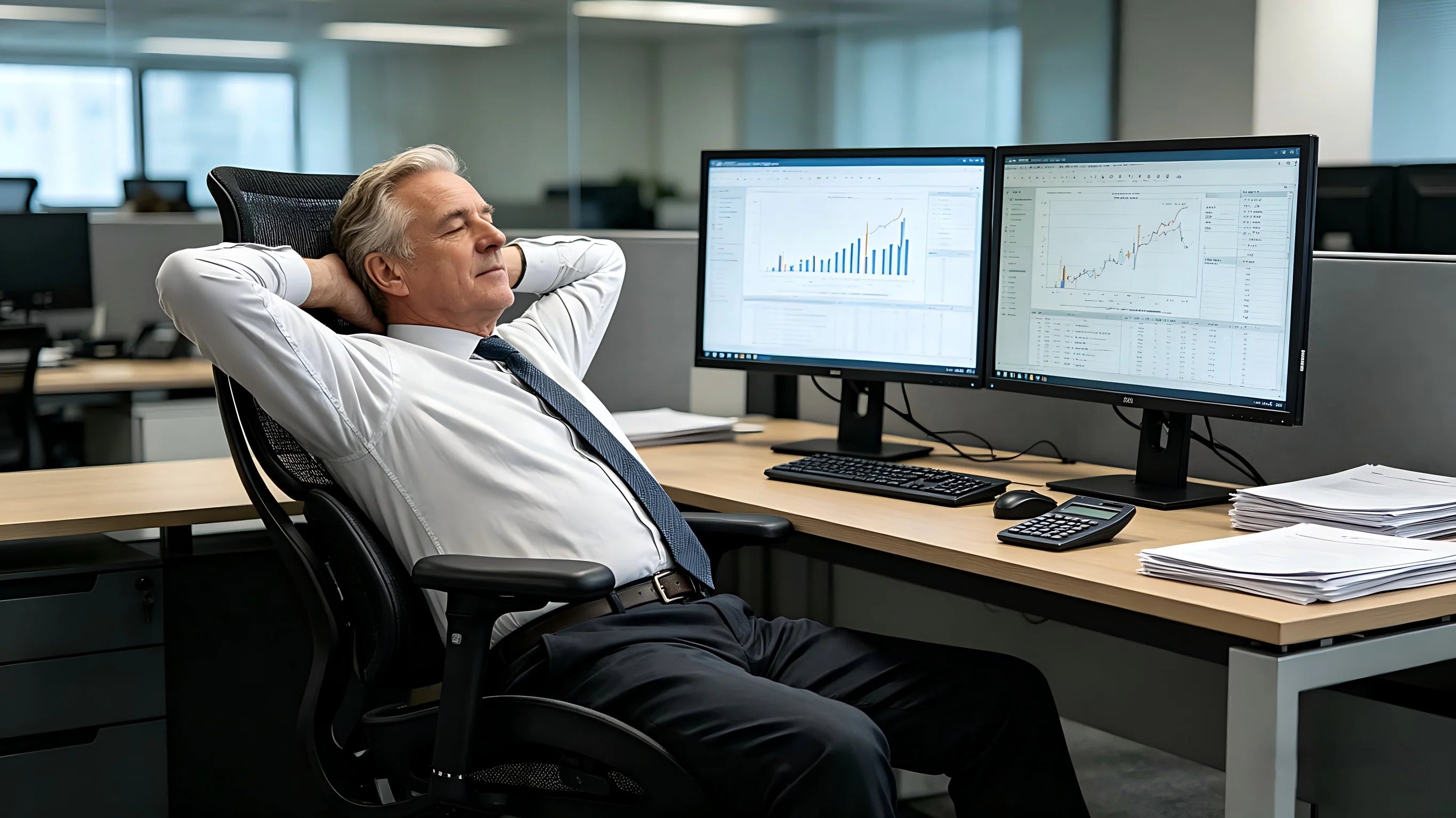 A claims examiner utilizing the 140-degree recline on the ergonomic office chair for a restorative break.